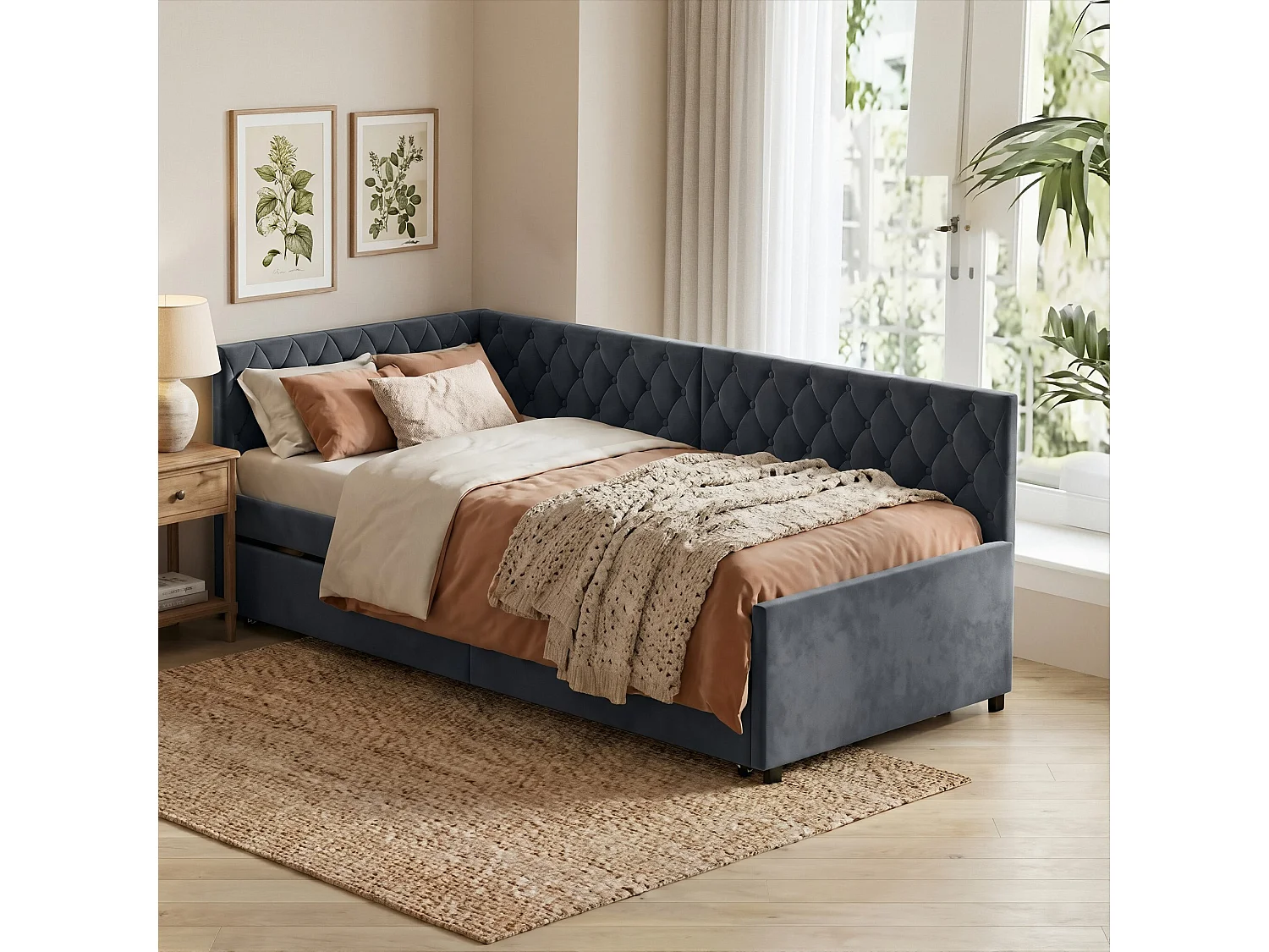 DreamMespace Canapé Lit Gigogne 90x200 cm - Lit d'Appoint en L avec Tête de Lit Capitonnée, Velours Gris