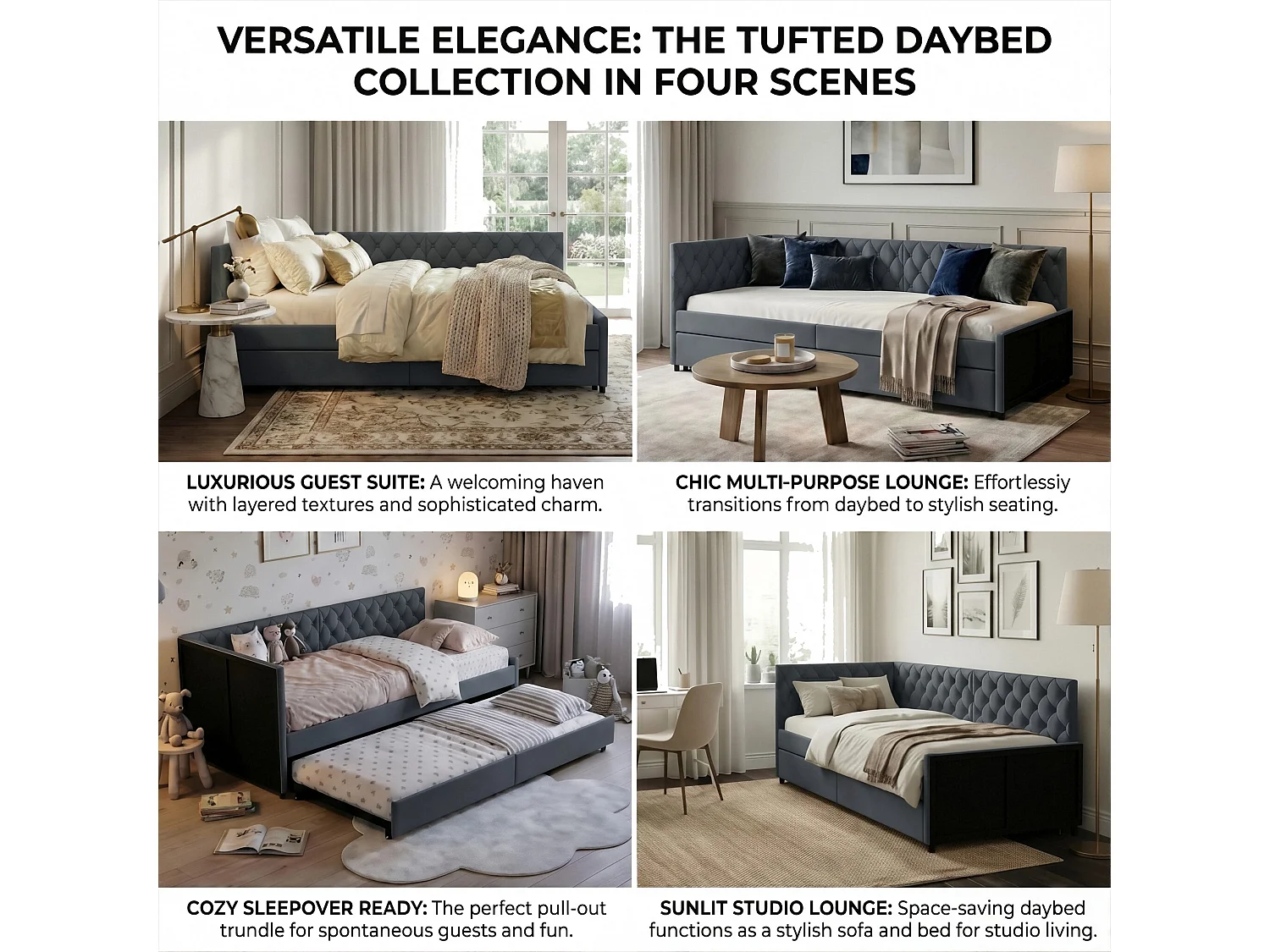 DreamMespace Canapé Lit Gigogne 90x200 cm - Lit d'Appoint en L avec Tête de Lit Capitonnée, Velours Gris