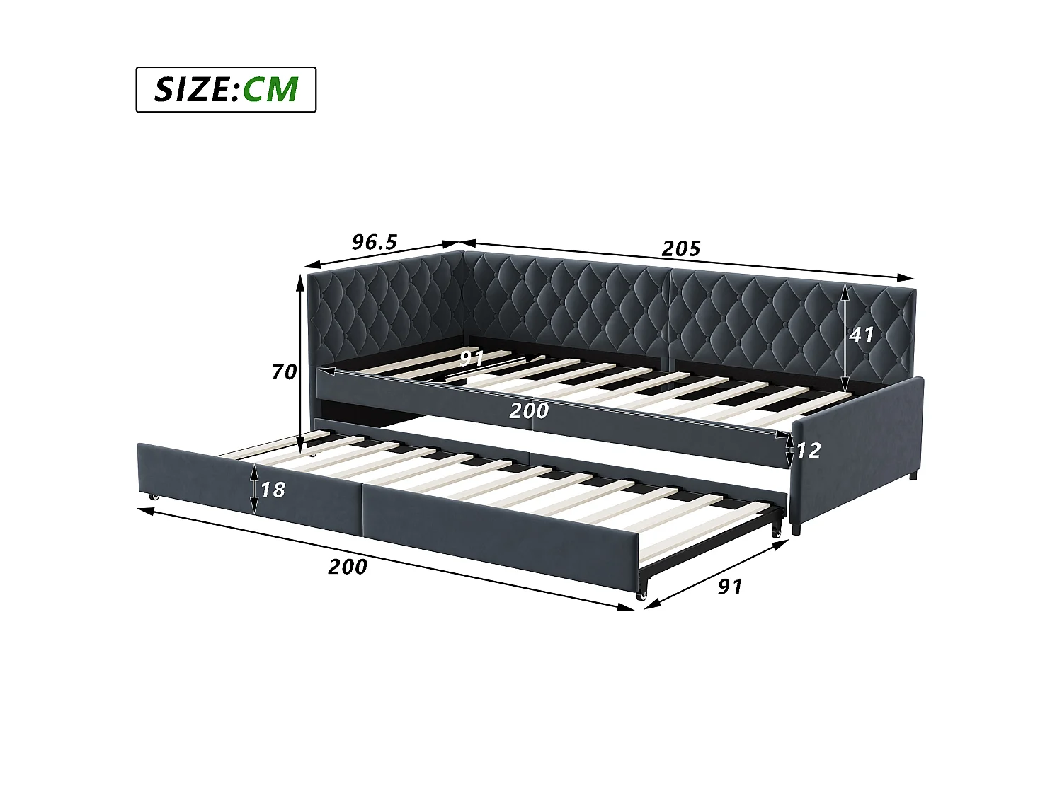 DreamMespace Canapé Lit Gigogne 90x200 cm - Lit d'Appoint en L avec Tête de Lit Capitonnée, Velours Gris