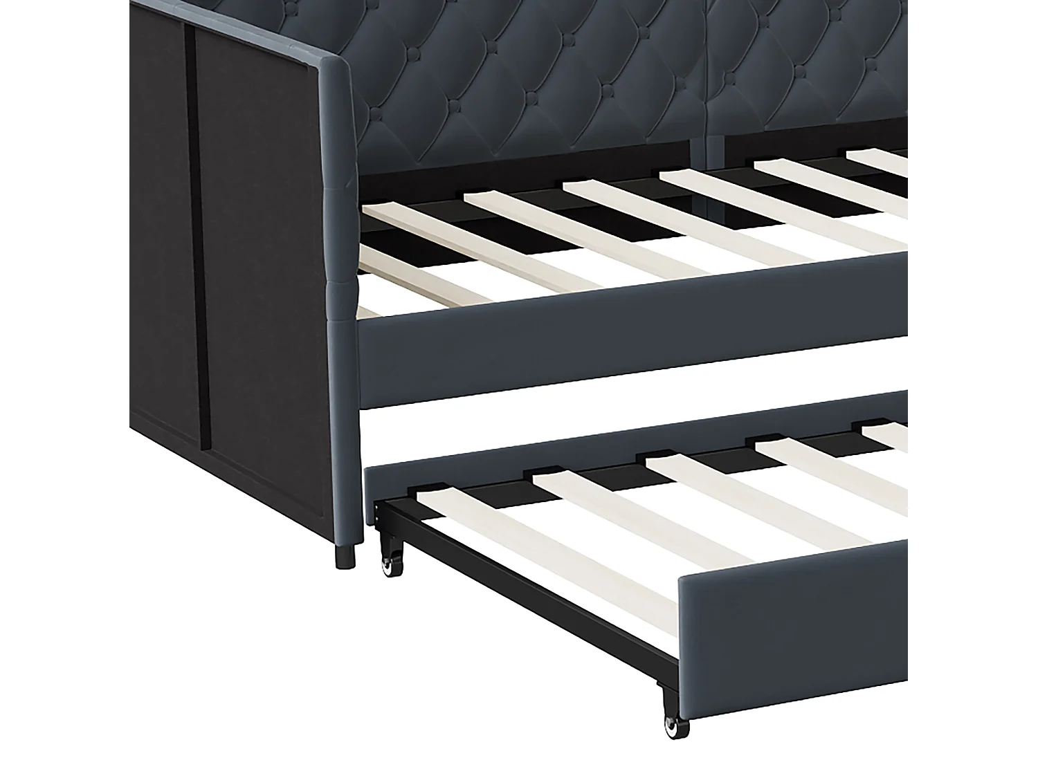 DreamMespace Canapé Lit Gigogne 90x200 cm - Lit d'Appoint en L avec Tête de Lit Capitonnée, Velours Gris