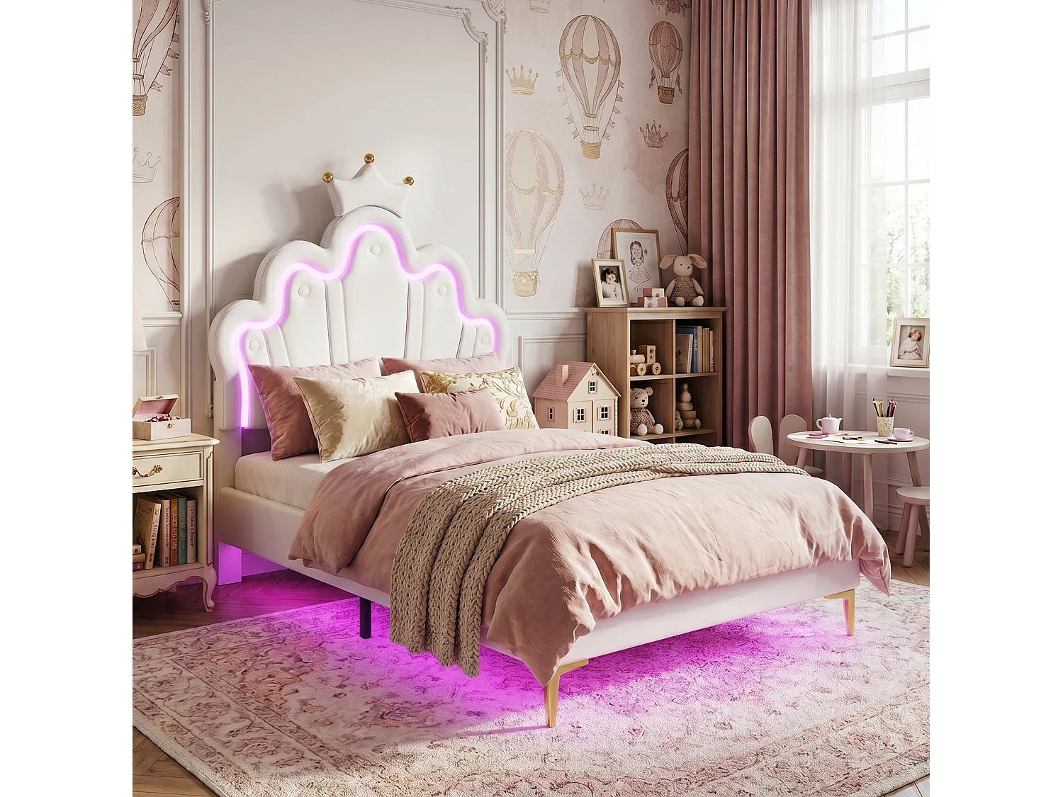 DreamMespace Lit Couronne Princesse 90x190 cm - Meuble de Rangement Rembourré avec Double Bande LED et Tête de Lit Réglable, Simili Cuir Blanc