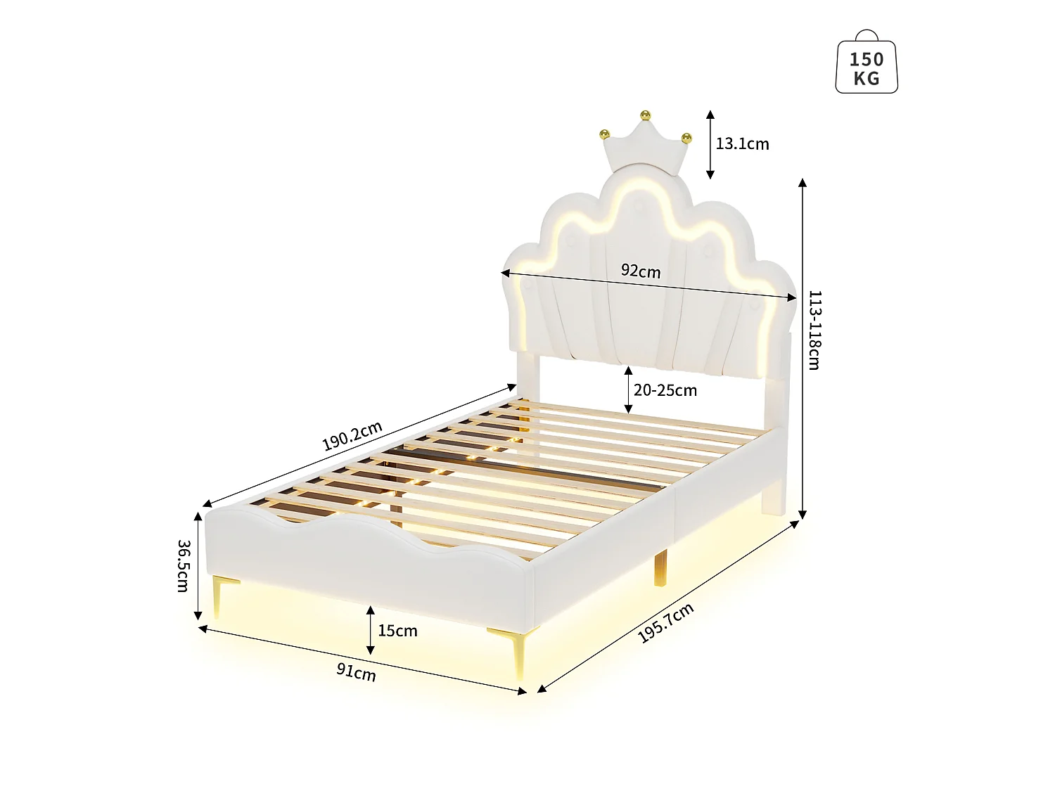 DreamMespace Lit Couronne Princesse 90x190 cm - Meuble de Rangement Rembourré avec Double Bande LED et Tête de Lit Réglable, Simili Cuir Blanc