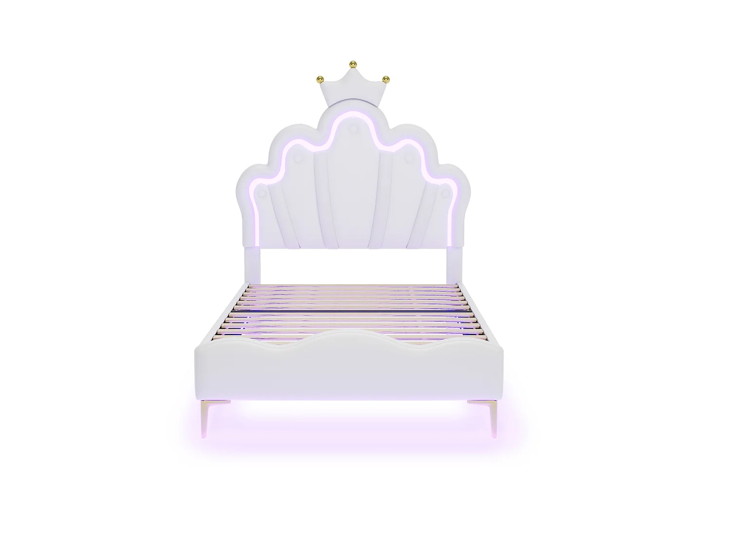 DreamMespace Lit Couronne Princesse 90x190 cm - Meuble de Rangement Rembourré avec Double Bande LED et Tête de Lit Réglable, Simili Cuir Blanc