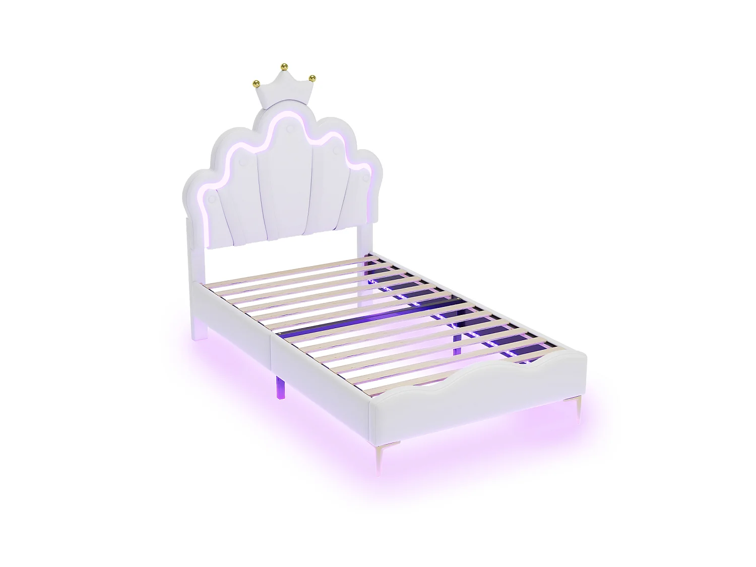 DreamMespace Lit Couronne Princesse 90x190 cm - Meuble de Rangement Rembourré avec Double Bande LED et Tête de Lit Réglable, Simili Cuir Blanc