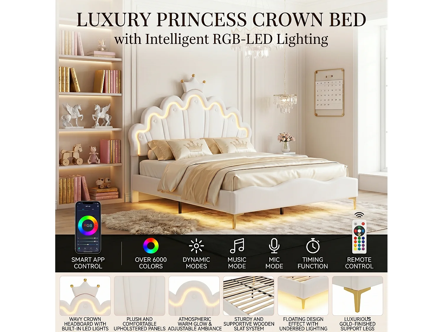 DreamMespace Lit Couronne Princesse 140x190 cm - Meuble de Rangement Rembourré avec Double Bande LED et Tête de Lit Réglable, Simili Cuir Blanc