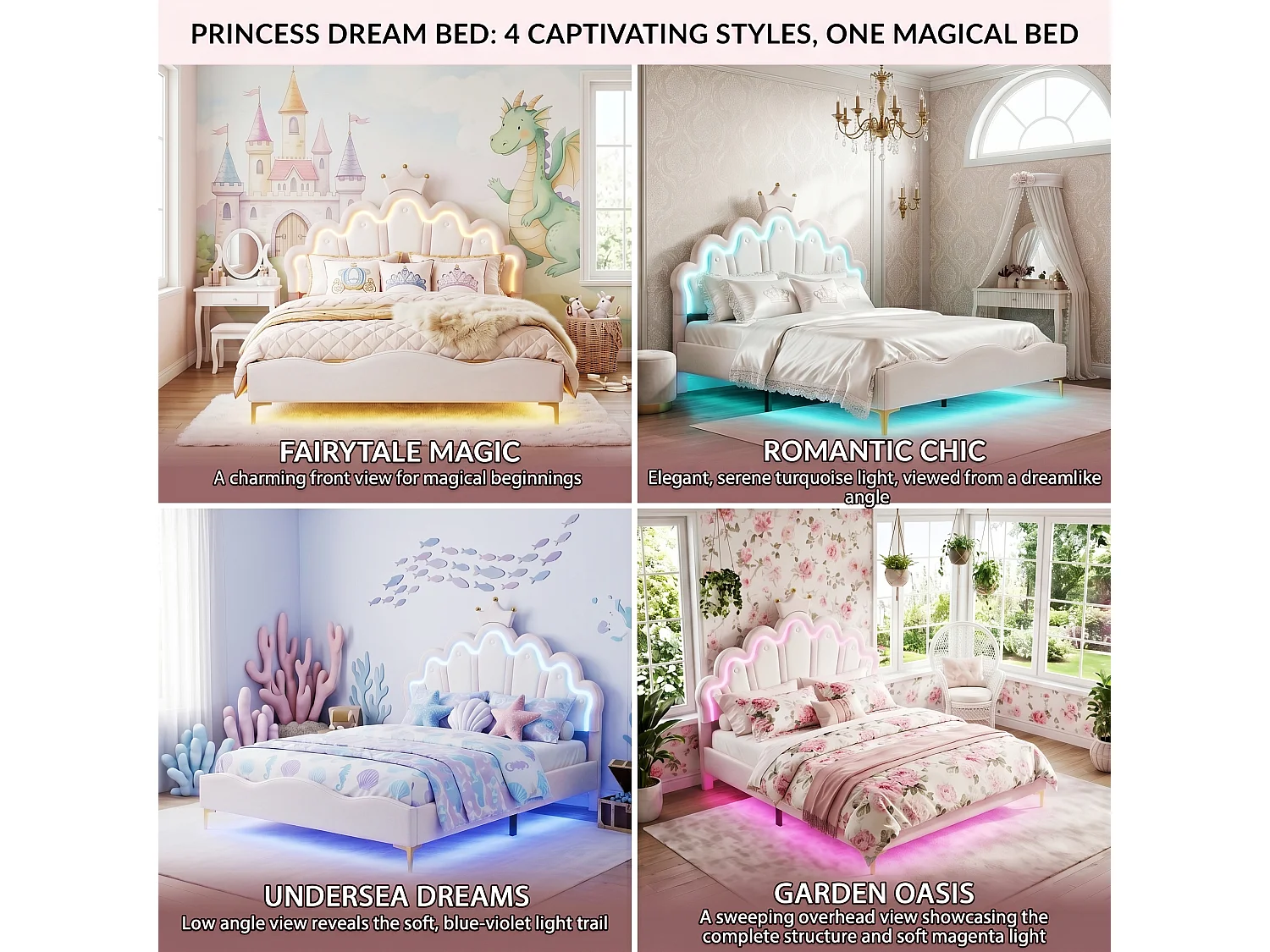 DreamMespace Lit Couronne Princesse 140x190 cm - Meuble de Rangement Rembourré avec Double Bande LED et Tête de Lit Réglable, Simili Cuir Blanc