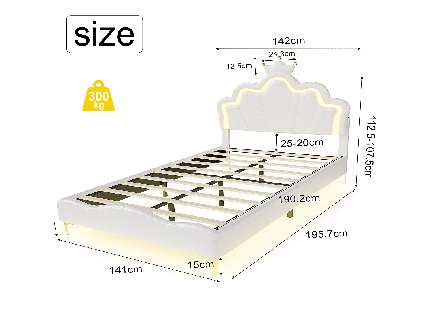 DreamMespace Lit Couronne Princesse 140x190 cm - Meuble de Rangement Rembourré avec Double Bande LED et Tête de Lit Réglable, Simili Cuir Blanc