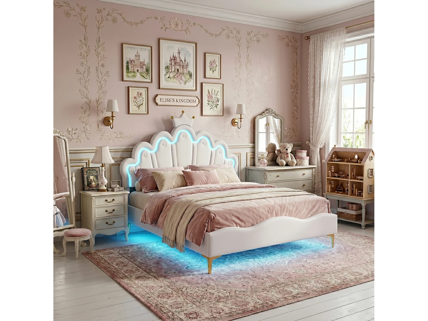 DreamMespace Lit Couronne Princesse 140x190 cm - Meuble de Rangement Rembourré avec Double Bande LED et Tête de Lit Réglable, Simili Cuir Blanc