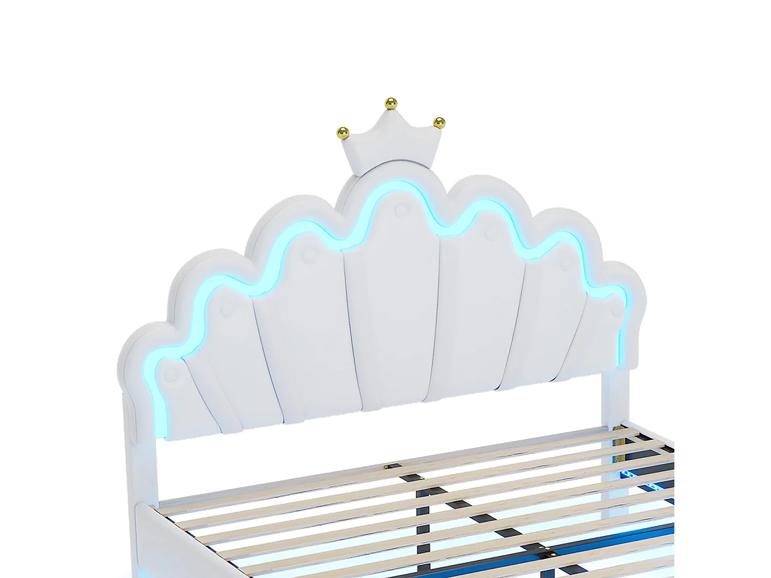 DreamMespace Lit Couronne Princesse 140x190 cm - Meuble de Rangement Rembourré avec Double Bande LED et Tête de Lit Réglable, Simili Cuir Blanc