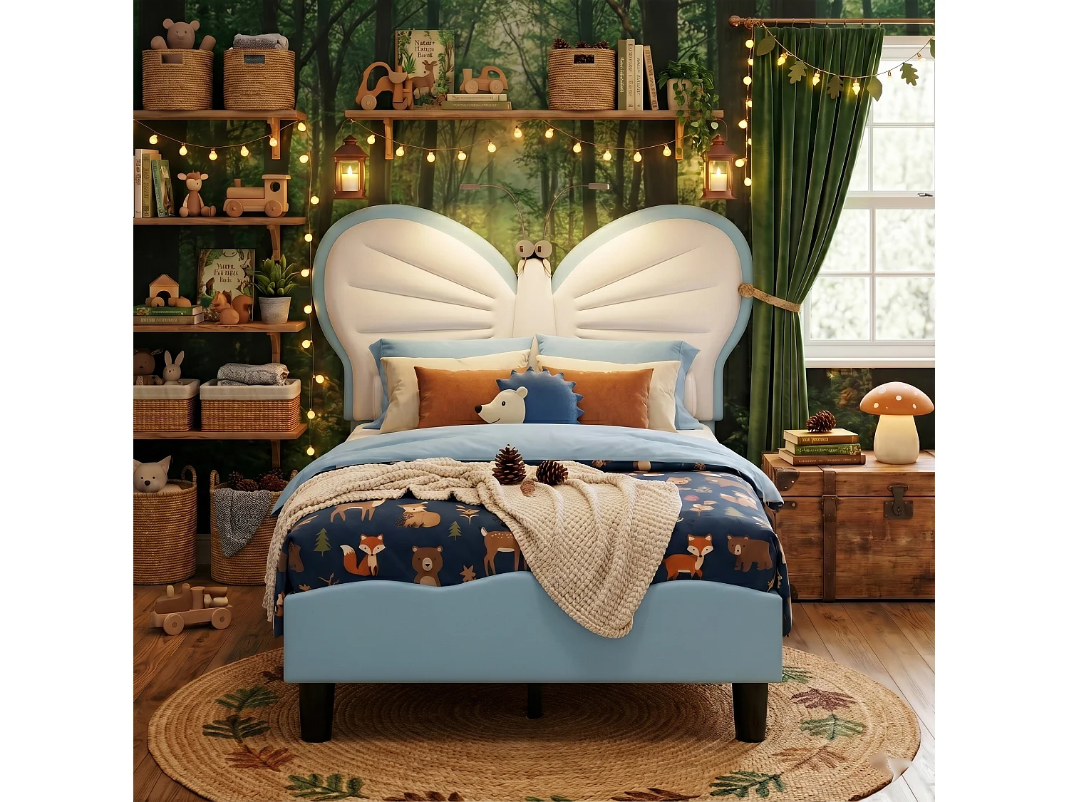 DreamMespace Lit Enfant 90x200 cm - Cadre de Lit Papillon Rembourré, Tête de Lit Réglable avec 2 Lampes de Lecture LED, Velours & PU Blanc et Bleu
