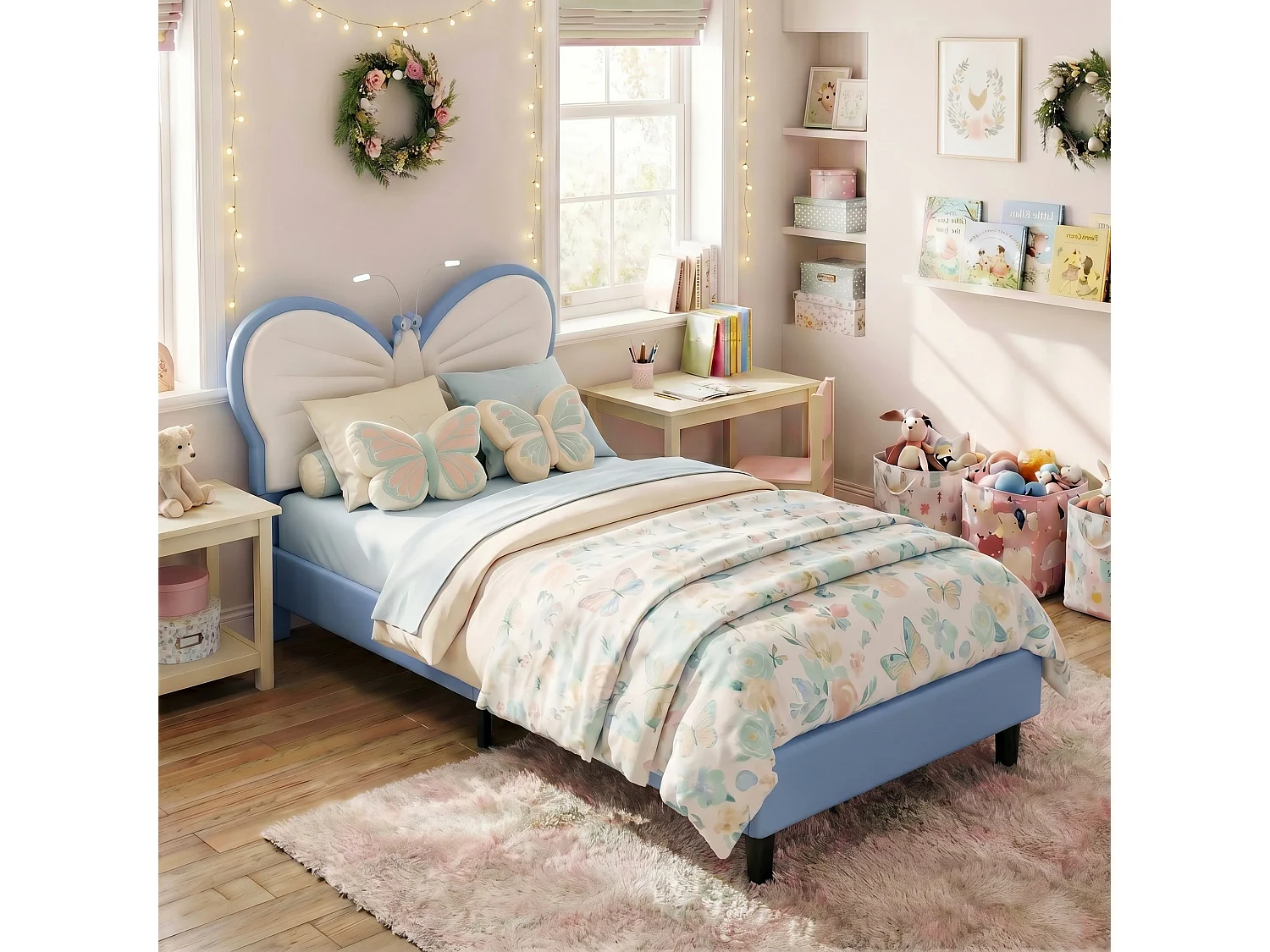 DreamMespace Lit Enfant 90x200 cm - Cadre de Lit Papillon Rembourré, Tête de Lit Réglable avec 2 Lampes de Lecture LED, Velours & PU Blanc et Bleu