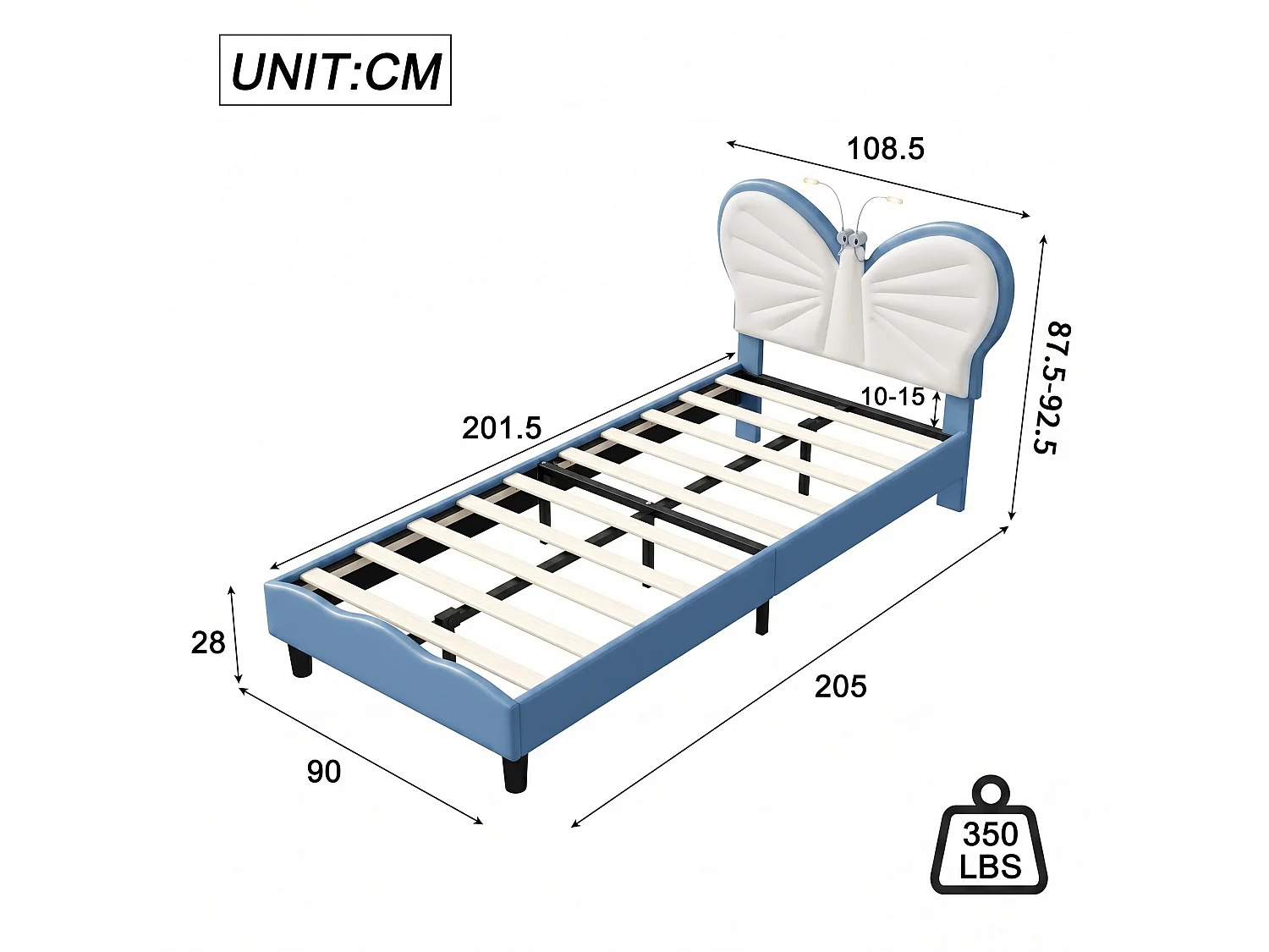 DreamMespace Lit Enfant 90x200 cm - Cadre de Lit Papillon Rembourré, Tête de Lit Réglable avec 2 Lampes de Lecture LED, Velours & PU Blanc et Bleu