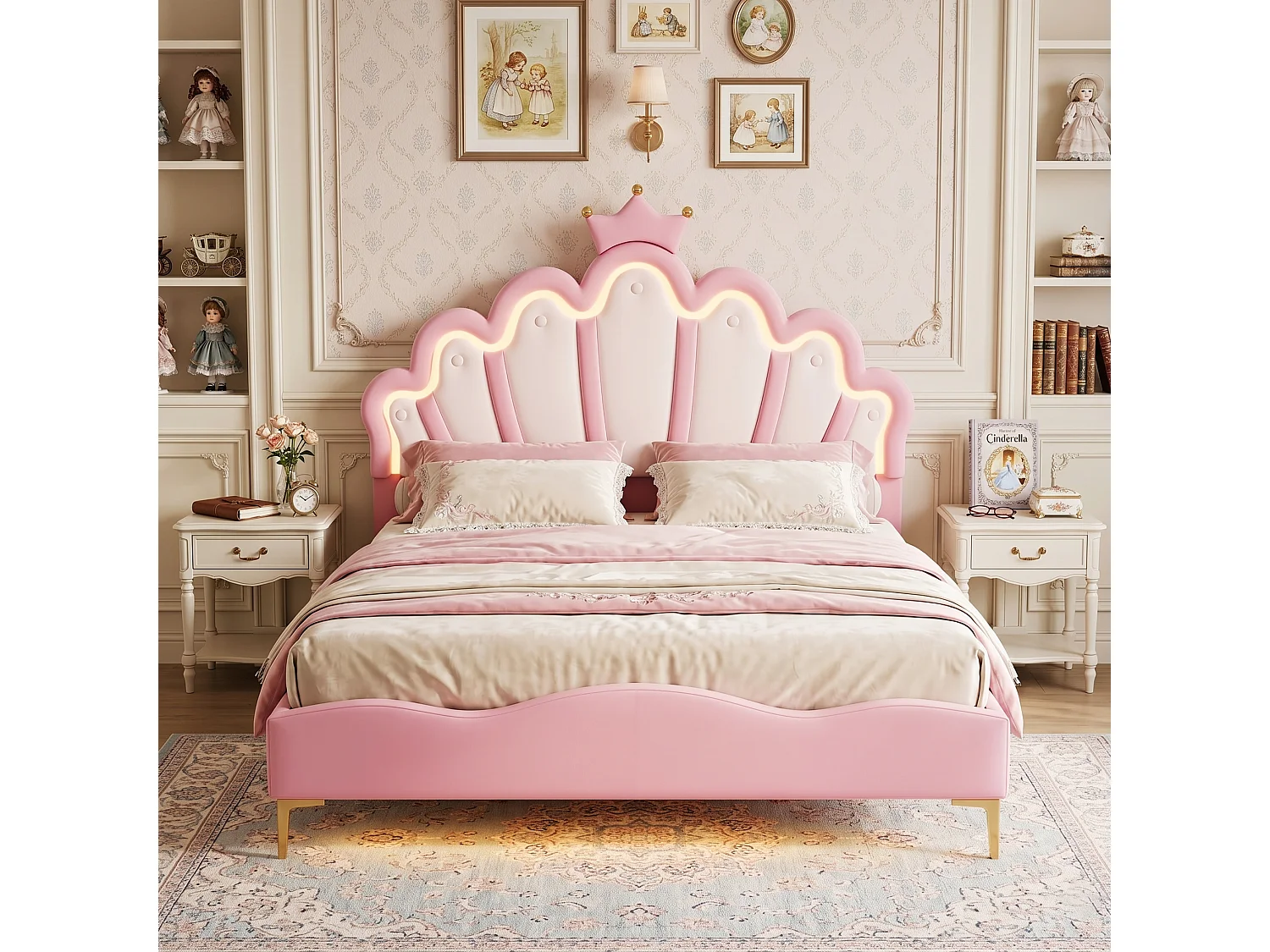 DreamMespace Lit Couronne Princesse 140x190 cm - Meuble de Rangement Rembourré avec Double Bande LED et Tête de Lit Réglable, Simili Cuir Rose