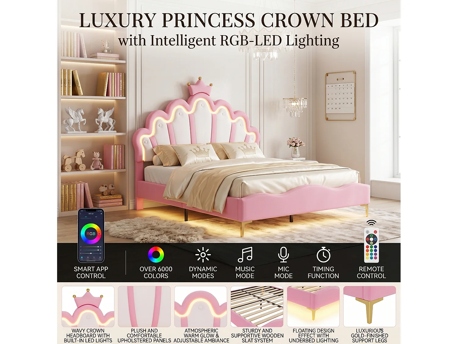DreamMespace Lit Couronne Princesse 140x190 cm - Meuble de Rangement Rembourré avec Double Bande LED et Tête de Lit Réglable, Simili Cuir Rose
