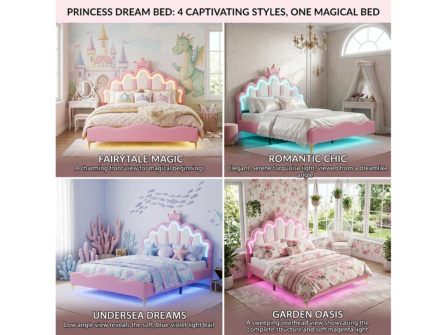 DreamMespace Lit Couronne Princesse 140x190 cm - Meuble de Rangement Rembourré avec Double Bande LED et Tête de Lit Réglable, Simili Cuir Rose
