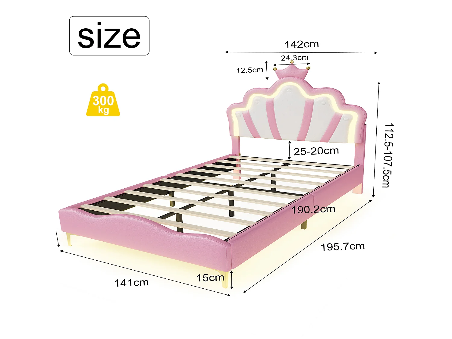 DreamMespace Lit Couronne Princesse 140x190 cm - Meuble de Rangement Rembourré avec Double Bande LED et Tête de Lit Réglable, Simili Cuir Rose