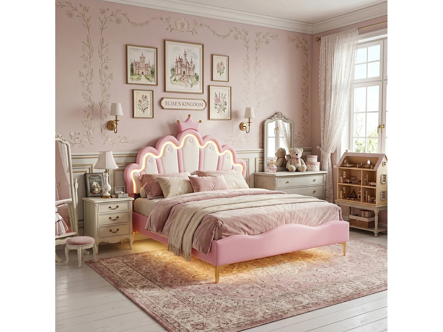 DreamMespace Lit Couronne Princesse 140x190 cm - Meuble de Rangement Rembourré avec Double Bande LED et Tête de Lit Réglable, Simili Cuir Rose