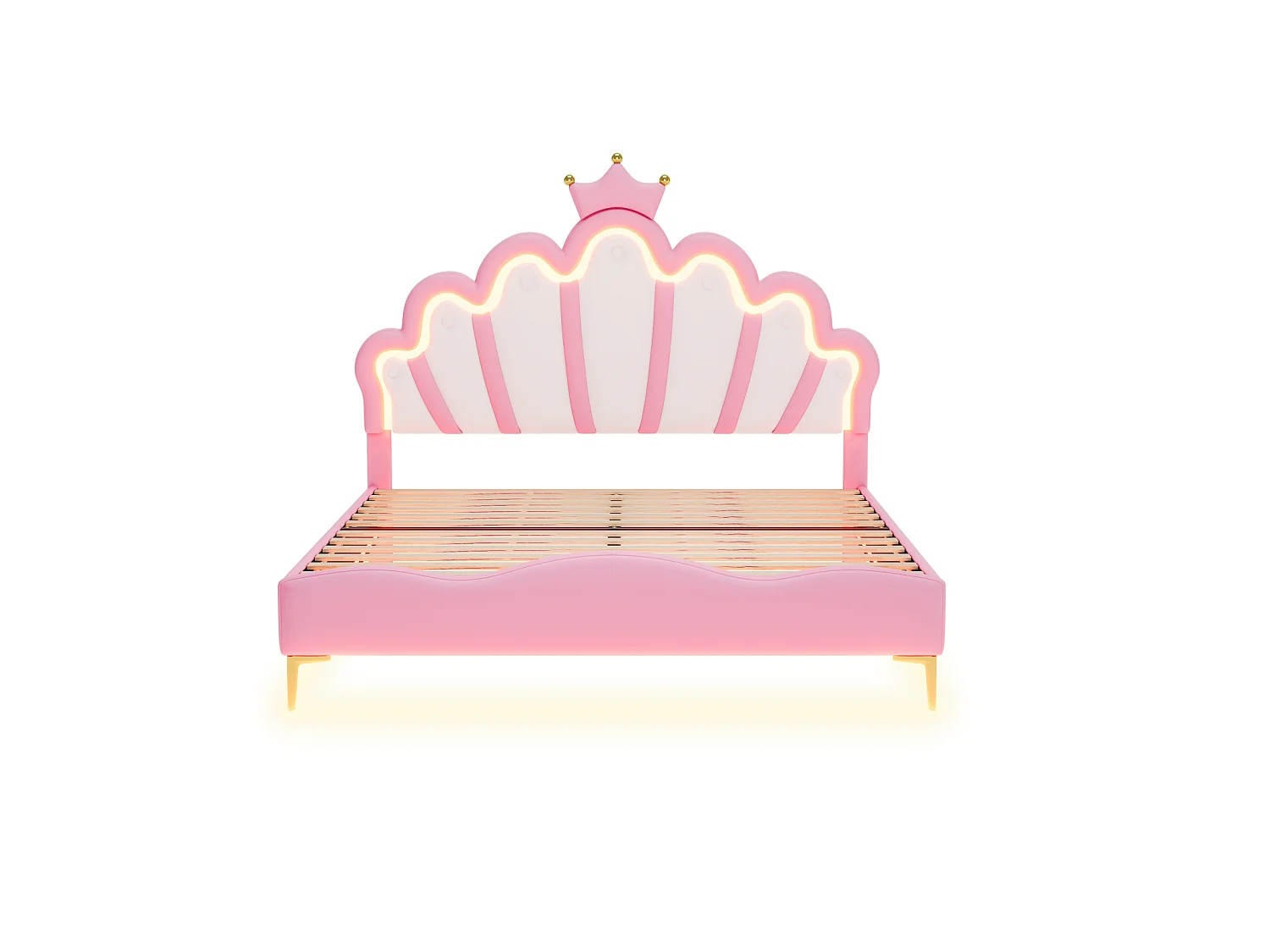 DreamMespace Lit Couronne Princesse 140x190 cm - Meuble de Rangement Rembourré avec Double Bande LED et Tête de Lit Réglable, Simili Cuir Rose