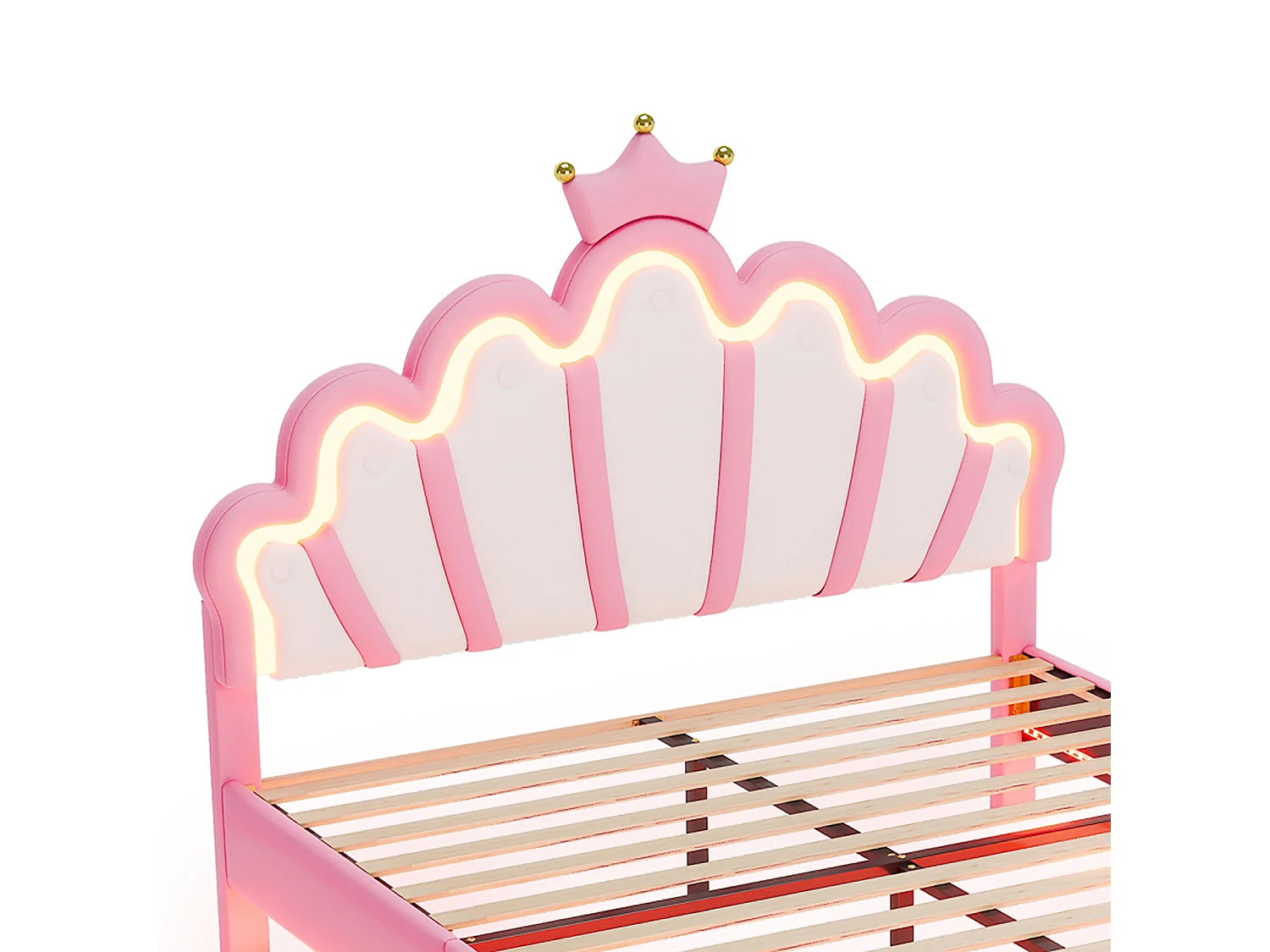 DreamMespace Lit Couronne Princesse 140x190 cm - Meuble de Rangement Rembourré avec Double Bande LED et Tête de Lit Réglable, Simili Cuir Rose