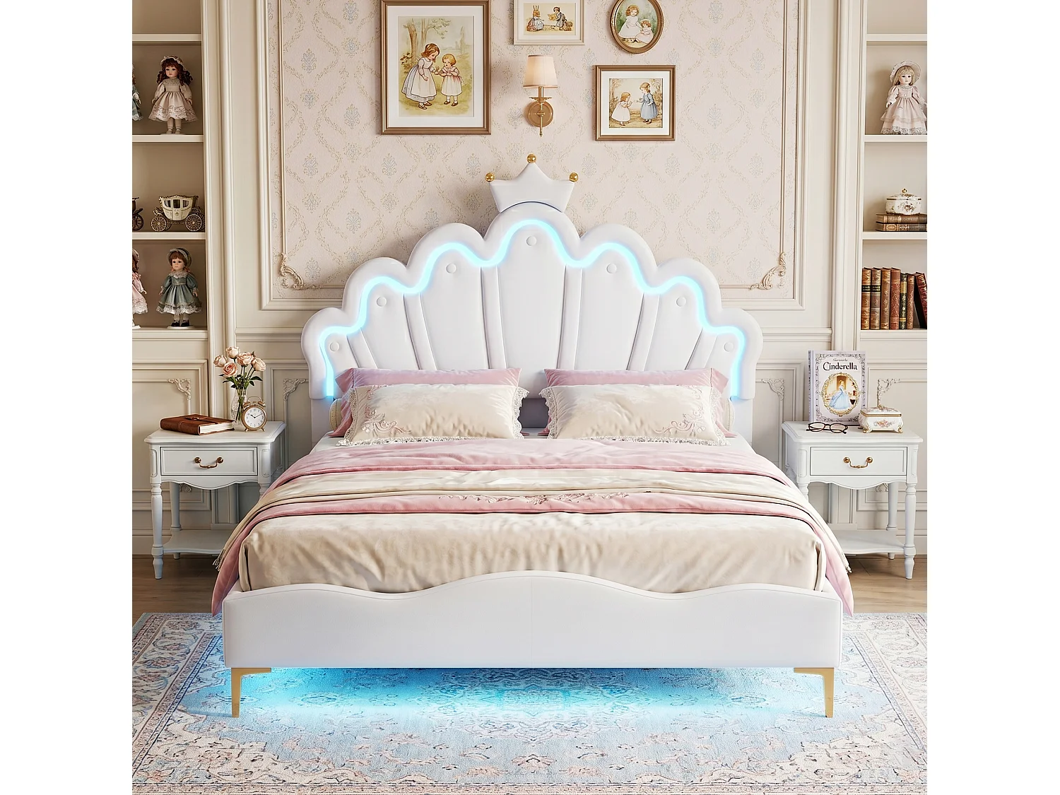 DreamMespace Lit Couronne Princesse 140x200 cm - Meuble de Rangement Rembourré avec Double Bande LED et Tête de Lit Réglable, Simili Cuir Blanc