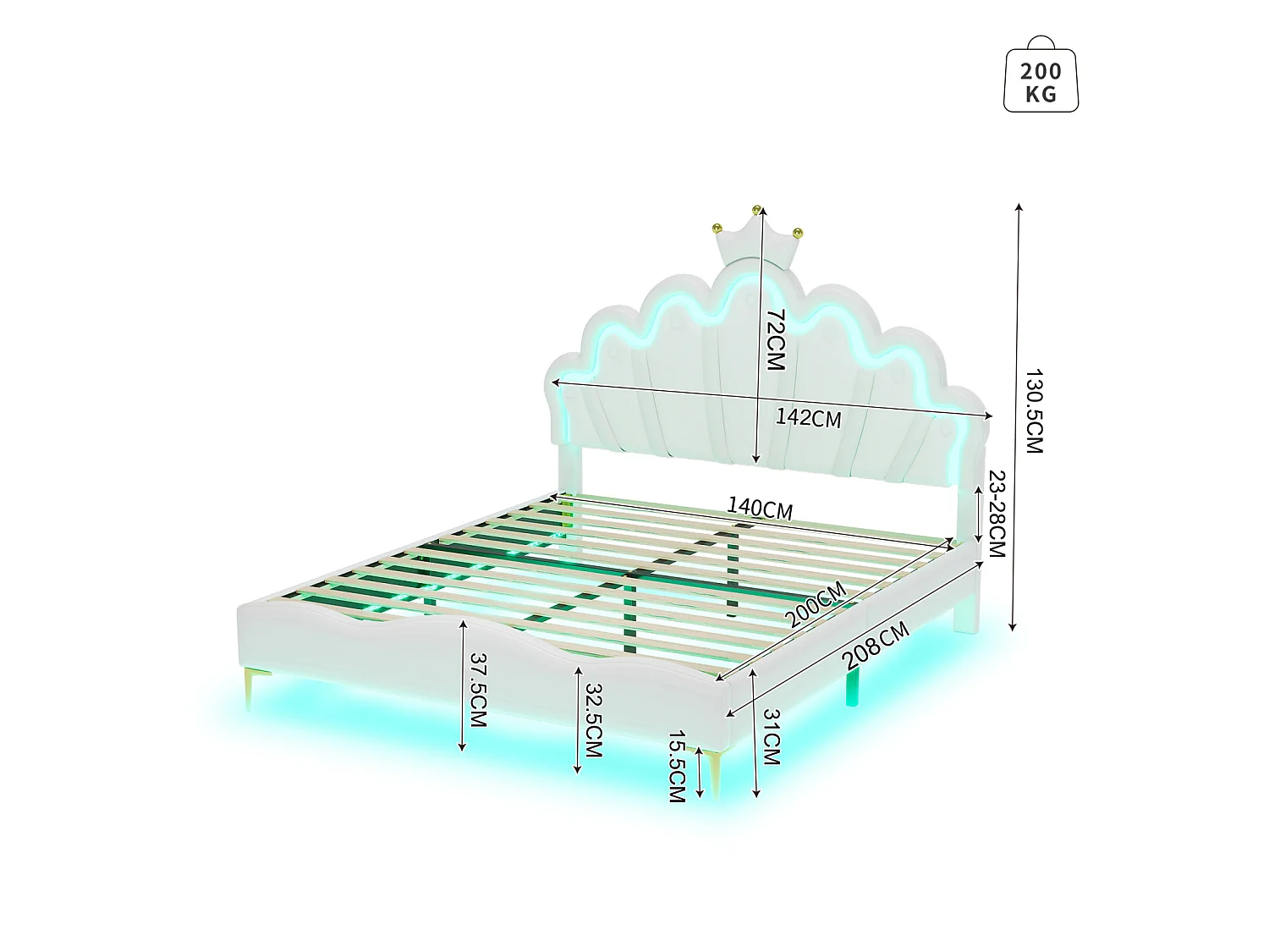 DreamMespace Lit Couronne Princesse 140x200 cm - Meuble de Rangement Rembourré avec Double Bande LED et Tête de Lit Réglable, Simili Cuir Blanc