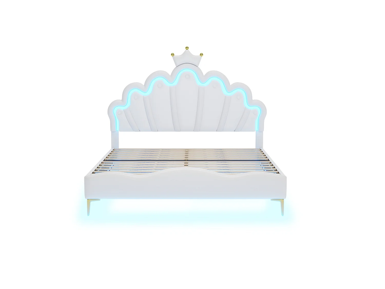 DreamMespace Lit Couronne Princesse 140x200 cm - Meuble de Rangement Rembourré avec Double Bande LED et Tête de Lit Réglable, Simili Cuir Blanc