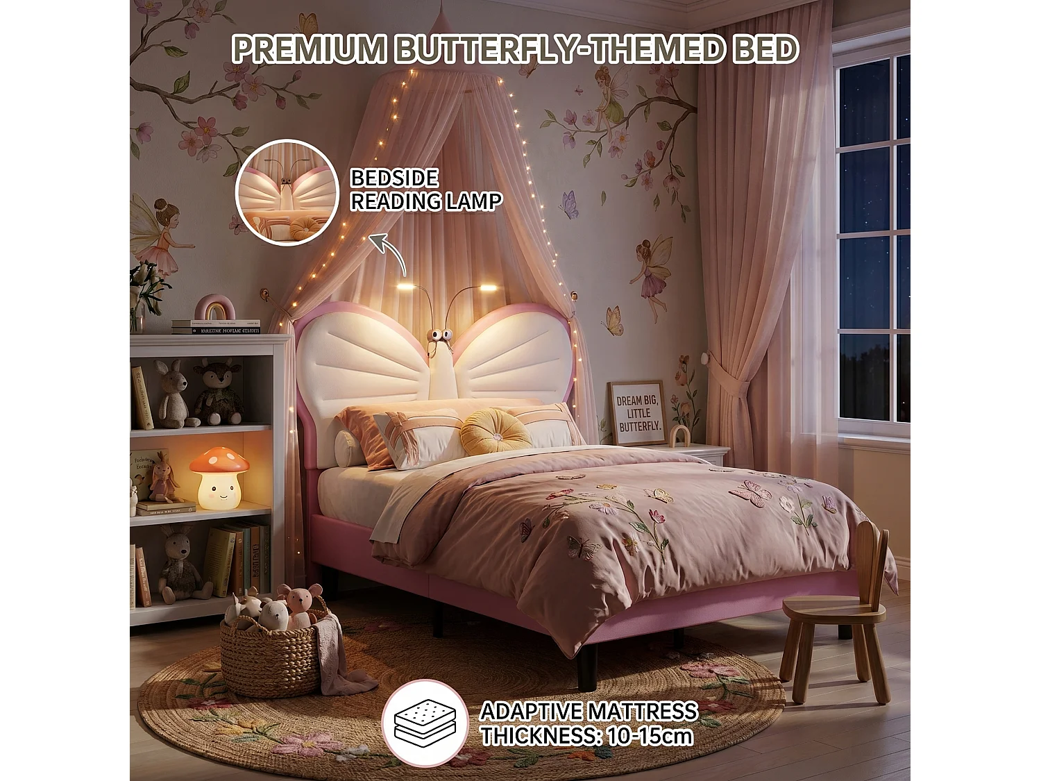 DreamMespace Lit Enfant 90x190 cm - Cadre de Lit Papillon Rembourré, Tête de Lit Réglable avec 2 Lampes de Lecture LED, Velours & PU Blanc et Rose