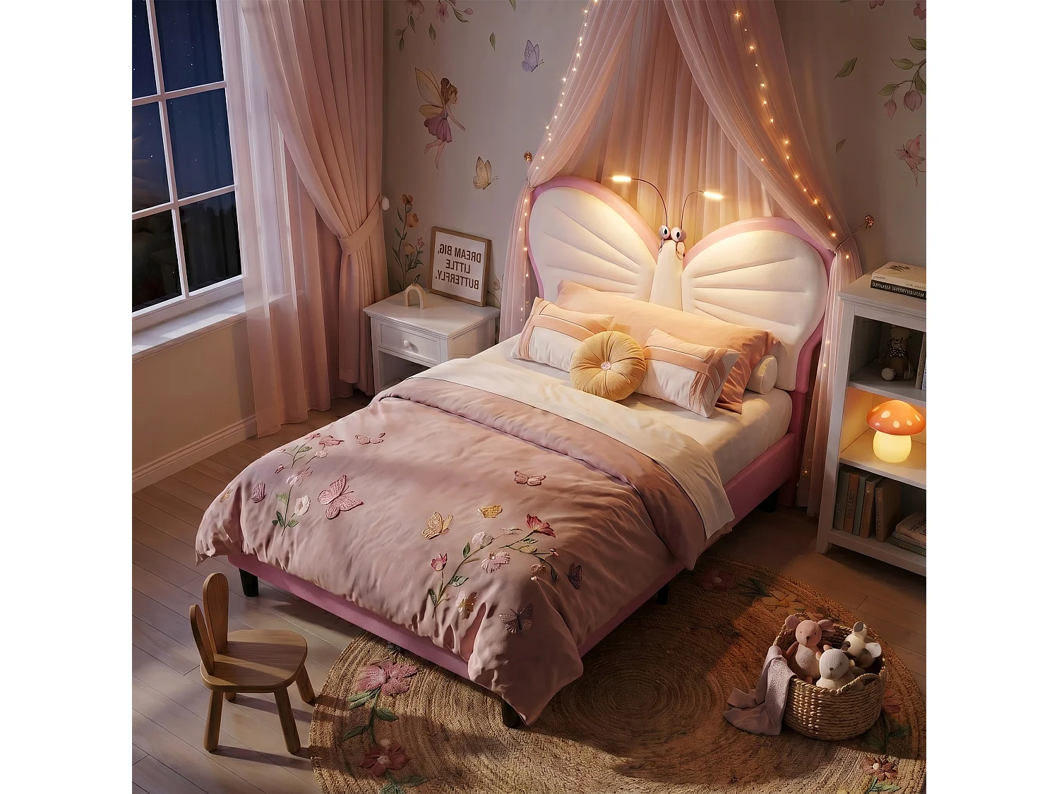 DreamMespace Lit Enfant 90x190 cm - Cadre de Lit Papillon Rembourré, Tête de Lit Réglable avec 2 Lampes de Lecture LED, Velours & PU Blanc et Rose