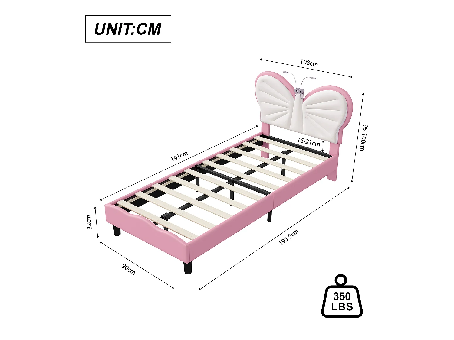 DreamMespace Lit Enfant 90x190 cm - Cadre de Lit Papillon Rembourré, Tête de Lit Réglable avec 2 Lampes de Lecture LED, Velours & PU Blanc et Rose