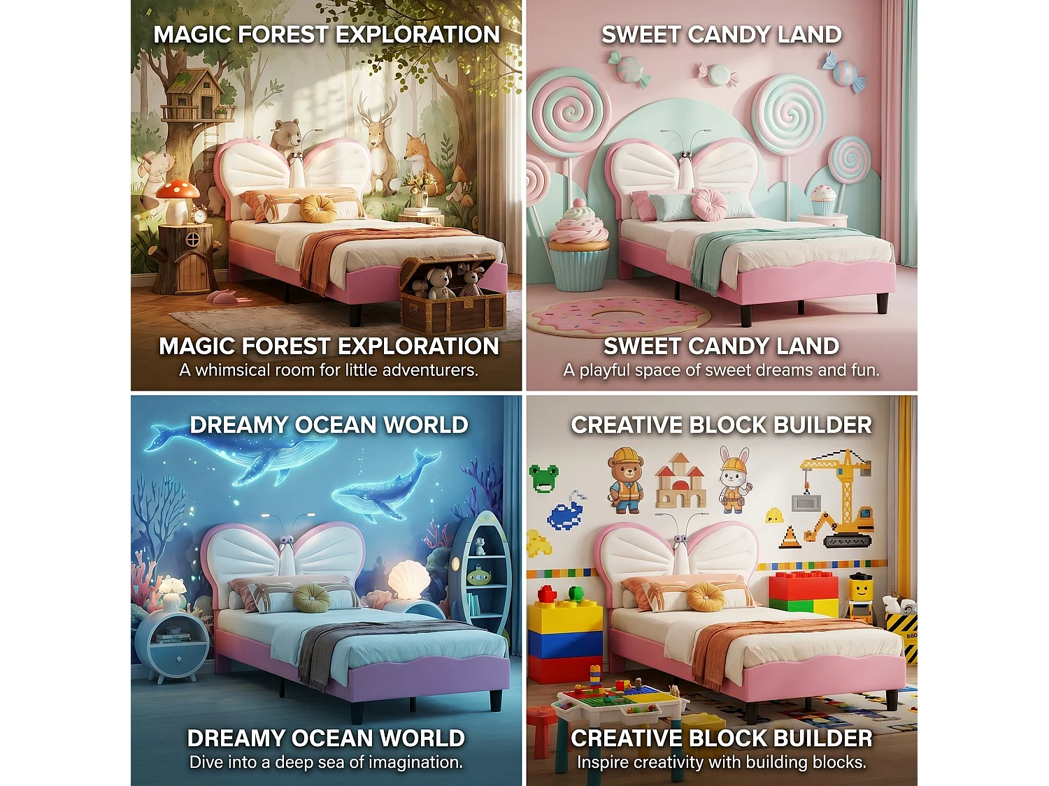 DreamMespace Lit Enfant 90x190 cm - Cadre de Lit Papillon Rembourré, Tête de Lit Réglable avec 2 Lampes de Lecture LED, Velours & PU Blanc et Rose