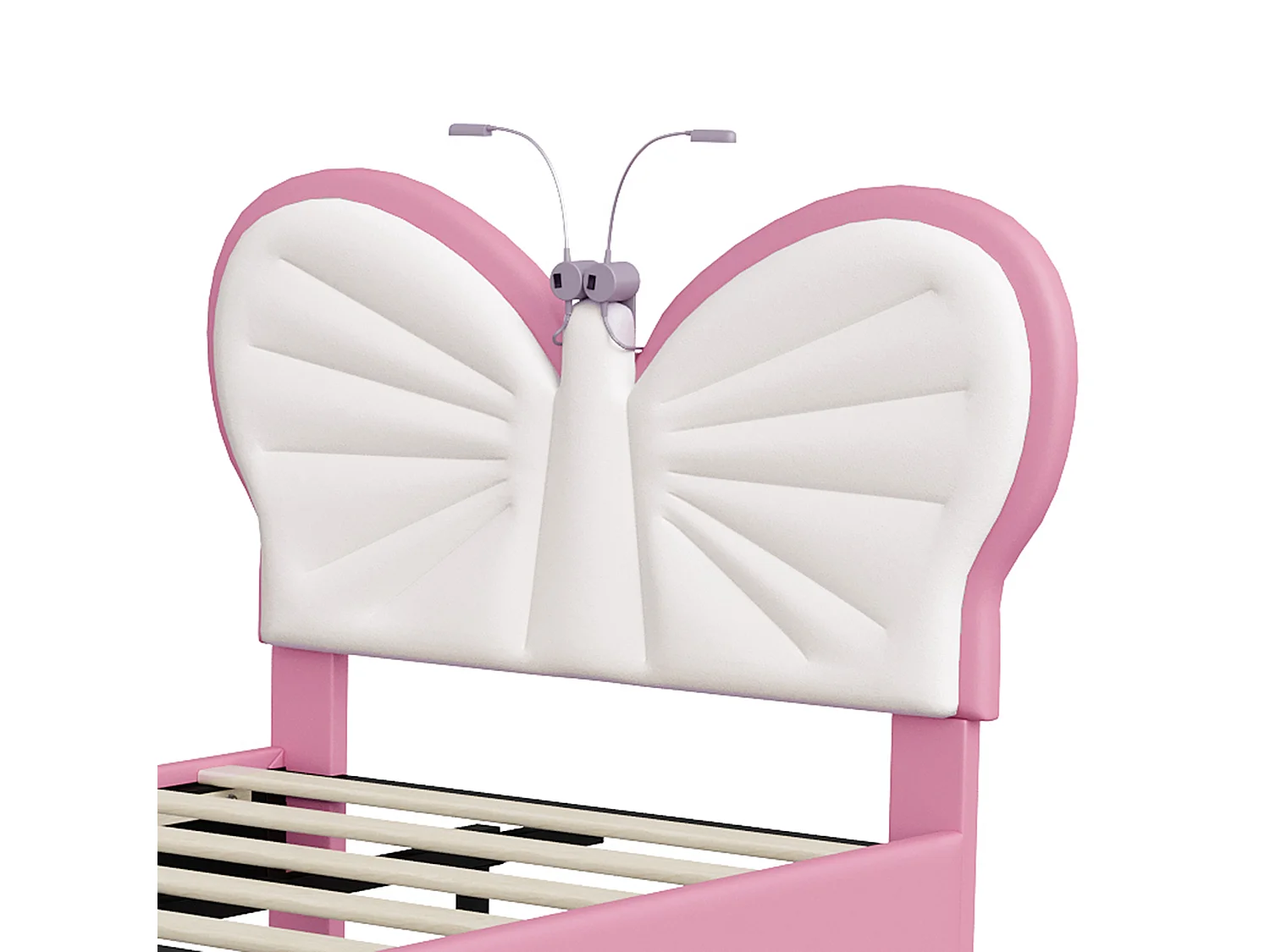 DreamMespace Lit Enfant 90x190 cm - Cadre de Lit Papillon Rembourré, Tête de Lit Réglable avec 2 Lampes de Lecture LED, Velours & PU Blanc et Rose