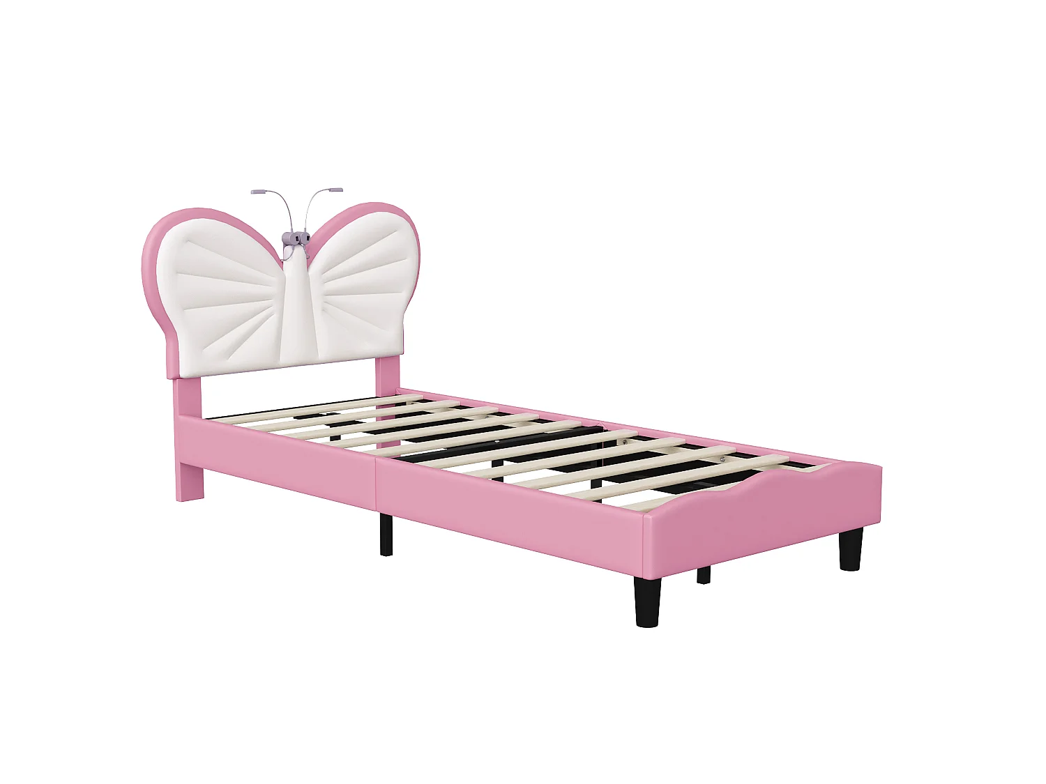 DreamMespace Lit Enfant 90x190 cm - Cadre de Lit Papillon Rembourré, Tête de Lit Réglable avec 2 Lampes de Lecture LED, Velours & PU Blanc et Rose