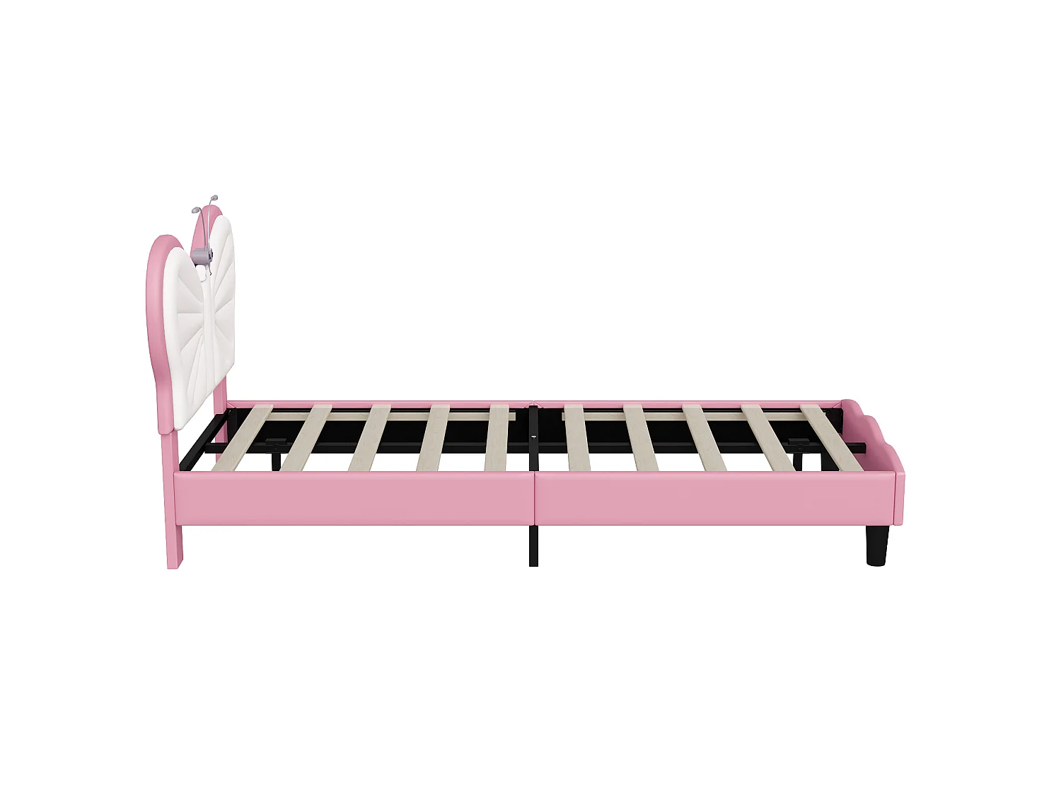 DreamMespace Lit Enfant 90x190 cm - Cadre de Lit Papillon Rembourré, Tête de Lit Réglable avec 2 Lampes de Lecture LED, Velours & PU Blanc et Rose