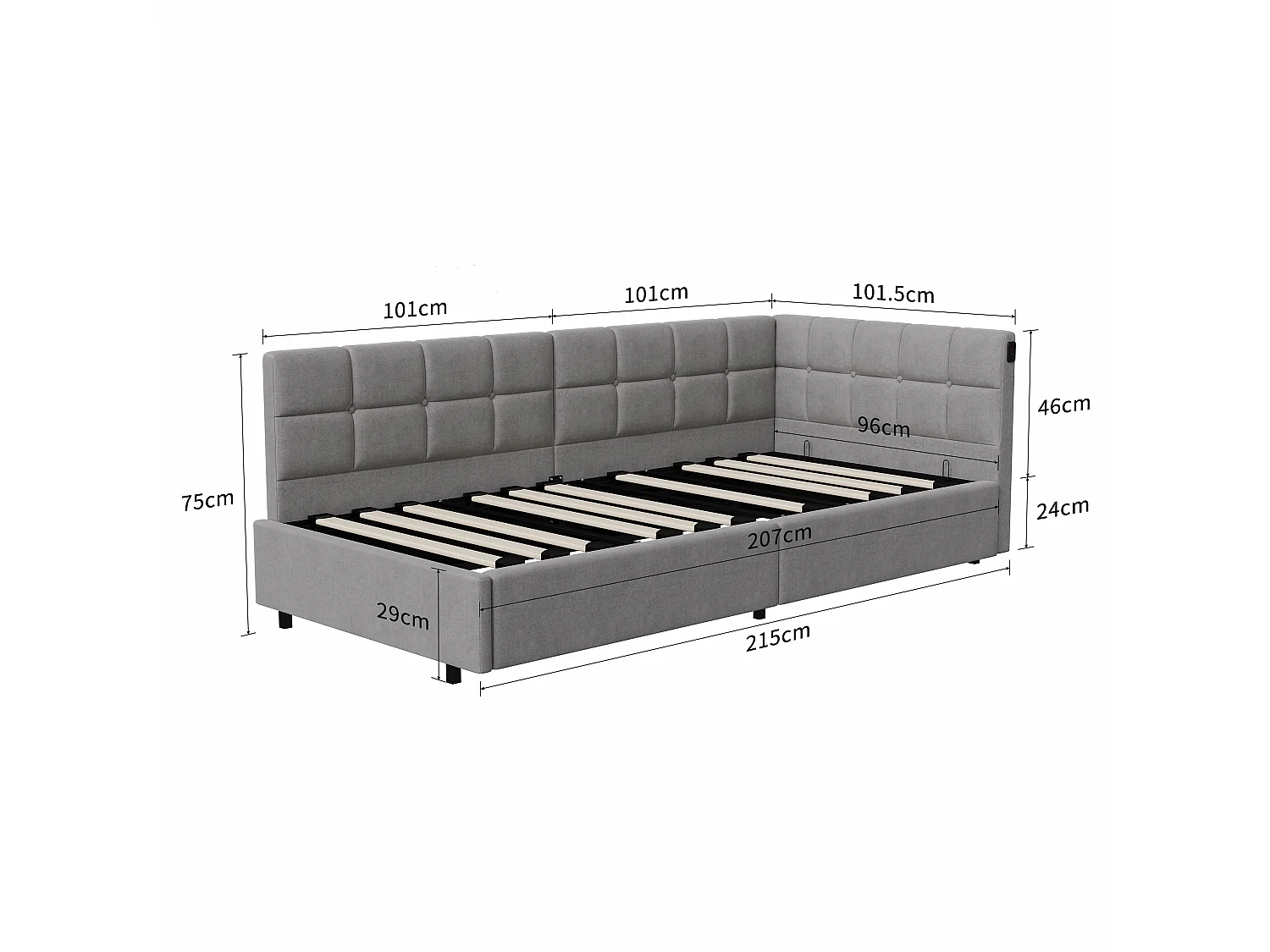 DreamMespace Canapé Lit Méridienne 90x200 cm - Lit Hydraulique avec LED RGB & Chargement USB, Velours Gris