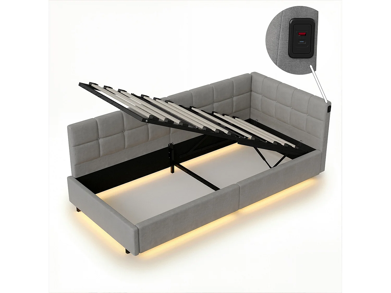 DreamMespace Canapé Lit Méridienne 90x200 cm - Lit Hydraulique avec LED RGB & Chargement USB, Velours Gris