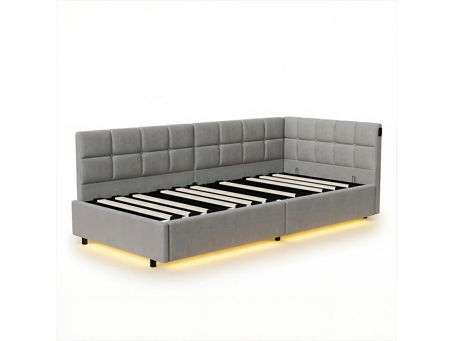 DreamMespace Canapé Lit Méridienne 90x200 cm - Lit Hydraulique avec LED RGB & Chargement USB, Velours Gris