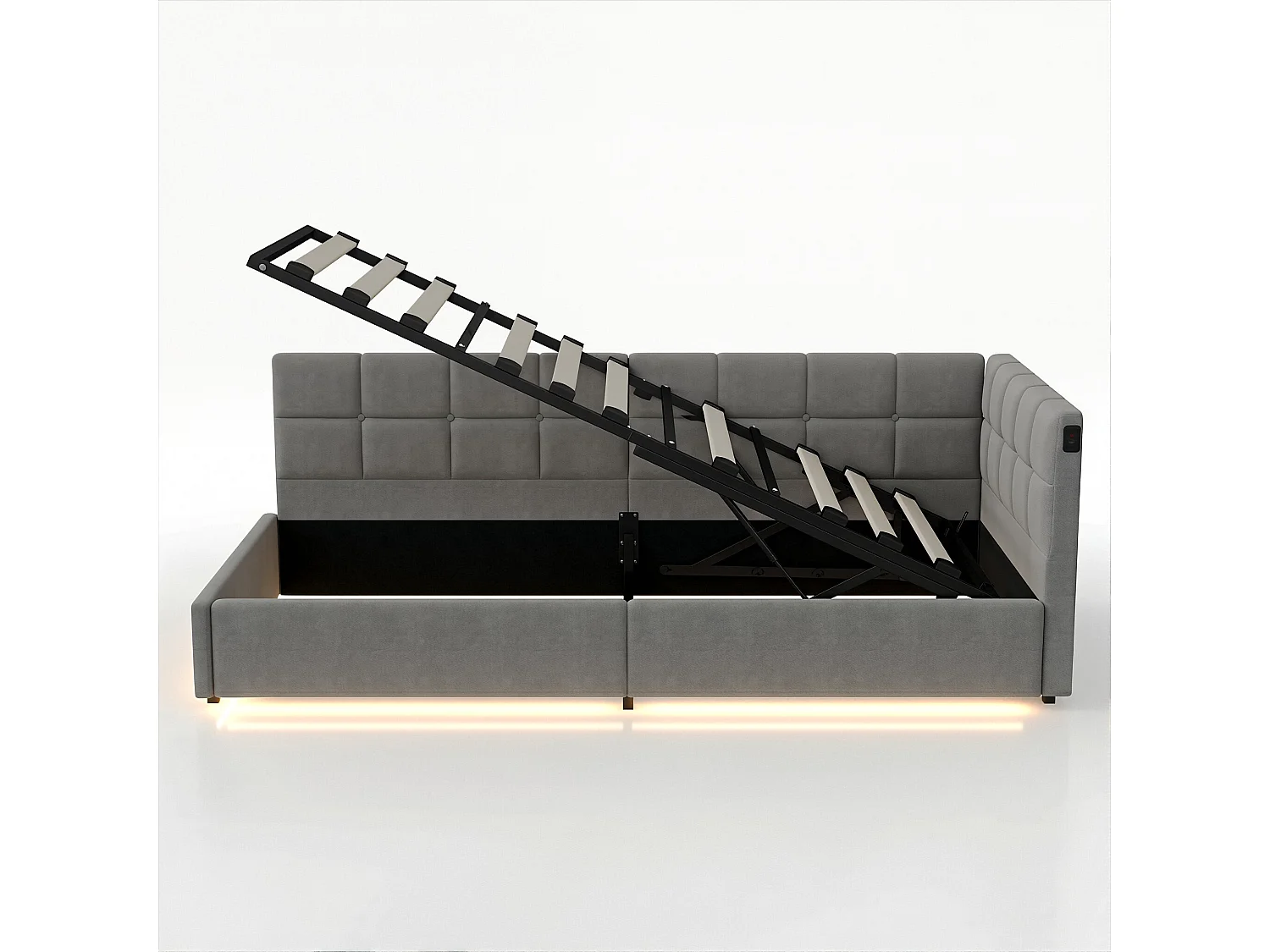 DreamMespace Canapé Lit Méridienne 90x200 cm - Lit Hydraulique avec LED RGB & Chargement USB, Velours Gris