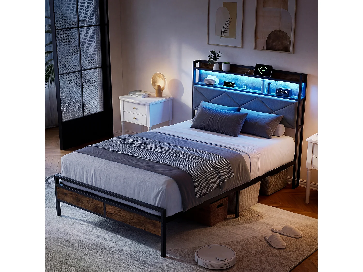Lit Simple 90 X 200 Cm, Avec LED Contrôlable Par Application, USB Type-C, Tête De Lit Avec Espace De Rangement, Cadre De Lit Noir