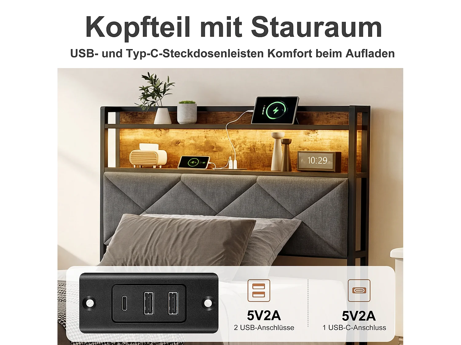 Lit Simple 90 X 200 Cm, Avec LED Contrôlable Par Application, USB Type-C, Tête De Lit Avec Espace De Rangement, Cadre De Lit Noir