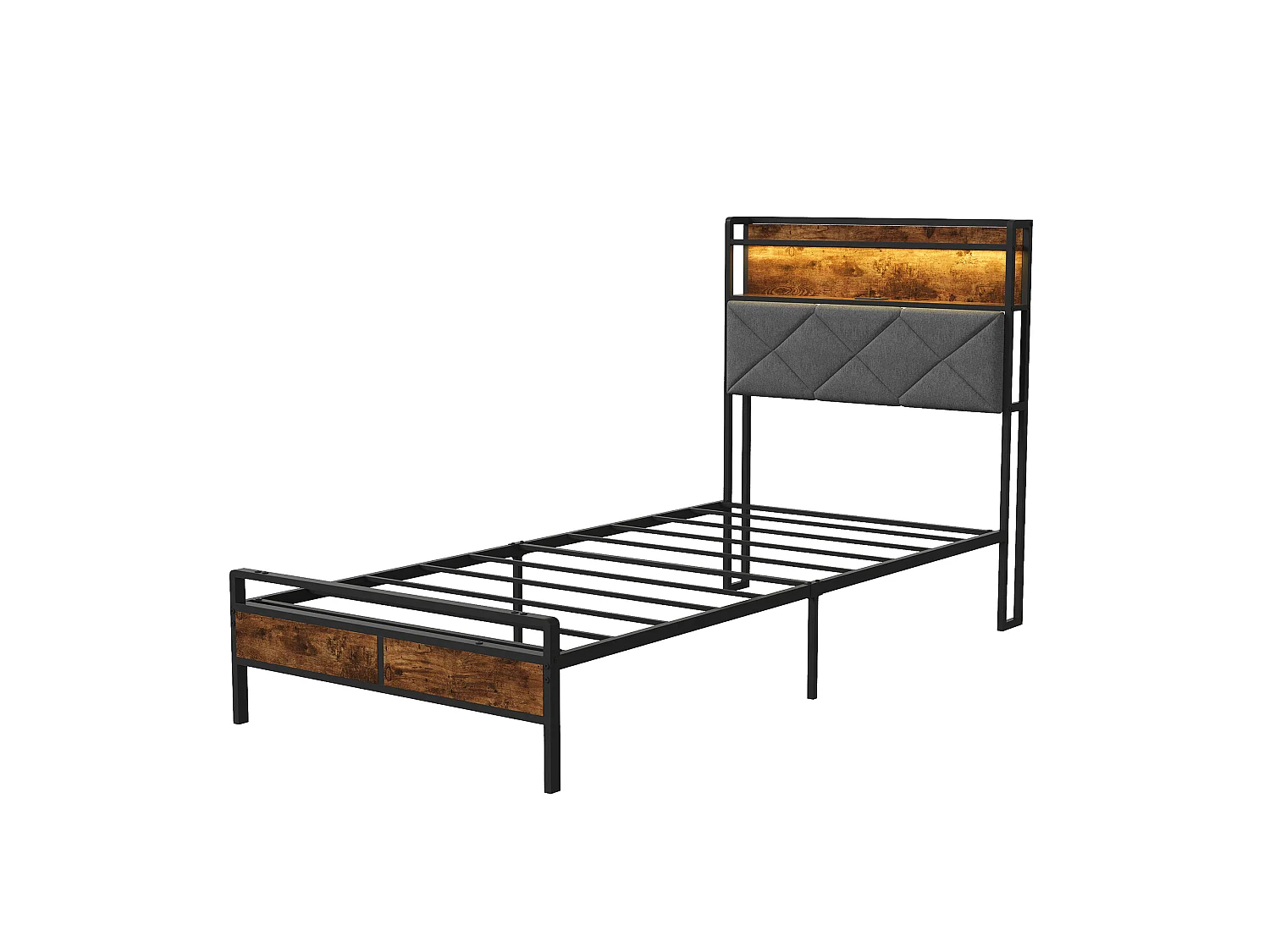 Lit Simple 90 X 200 Cm, Avec LED Contrôlable Par Application, USB Type-C, Tête De Lit Avec Espace De Rangement, Cadre De Lit Noir