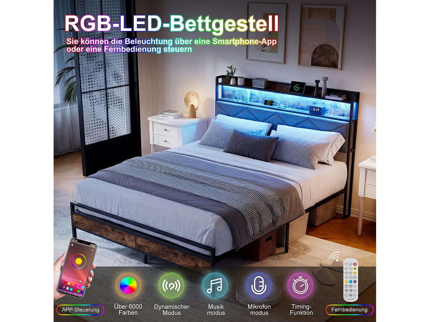 Lit Double 160x200cm Avec Rangement, Cadre De Lit Rembourré En Lin Marron, Matelas Non Inclus, USB Type C Et Éclairage LED