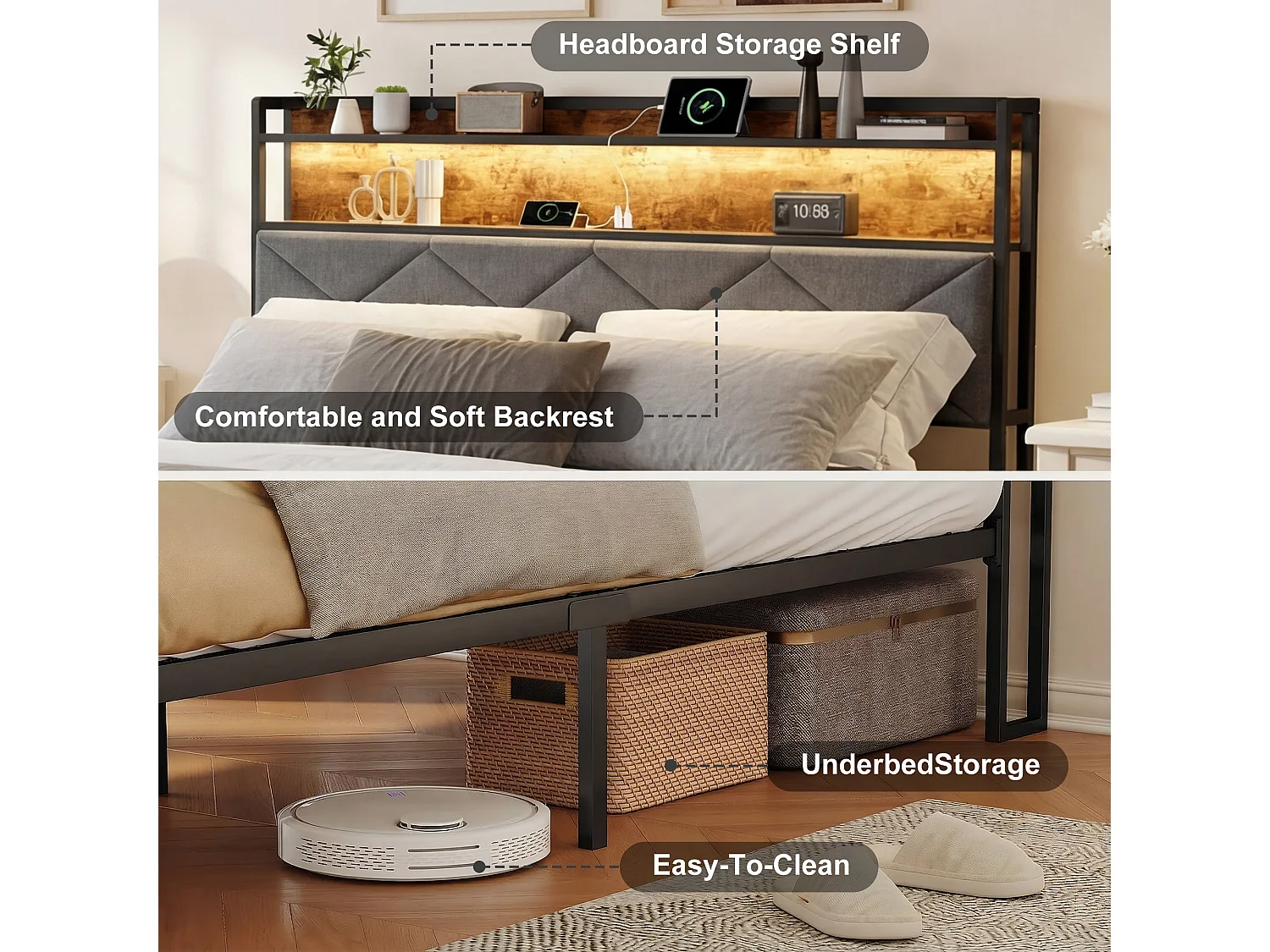 Lit Double 160x200cm Avec Rangement, Cadre De Lit Rembourré En Lin Marron, Matelas Non Inclus, USB Type C Et Éclairage LED