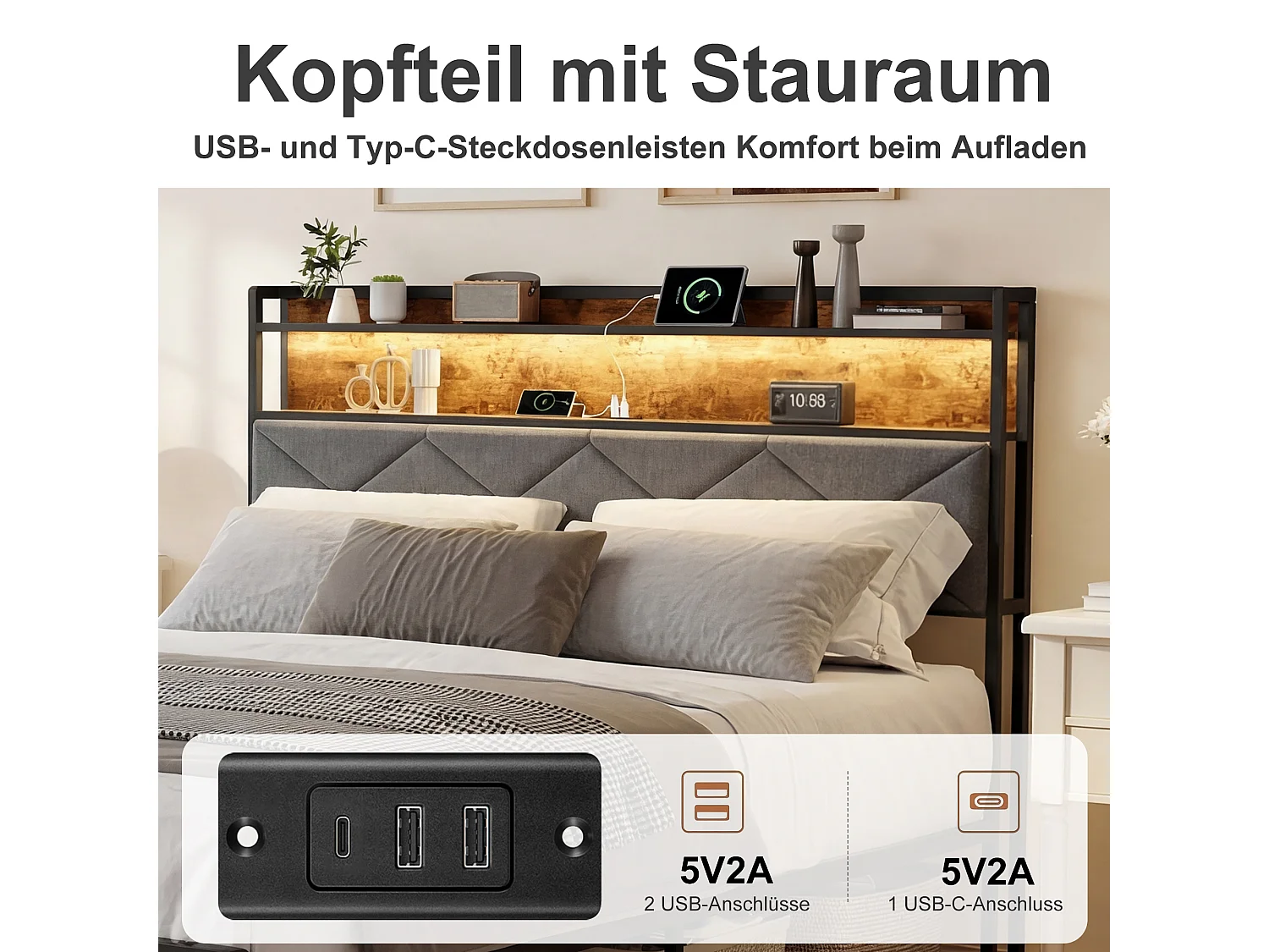 Lit Double 160x200cm Avec Rangement, Cadre De Lit Rembourré En Lin Marron, Matelas Non Inclus, USB Type C Et Éclairage LED