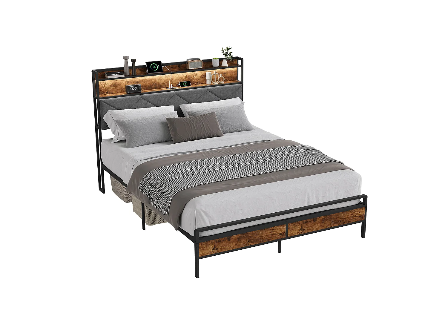 Lit Double 160x200cm Avec Rangement, Cadre De Lit Rembourré En Lin Marron, Matelas Non Inclus, USB Type C Et Éclairage LED