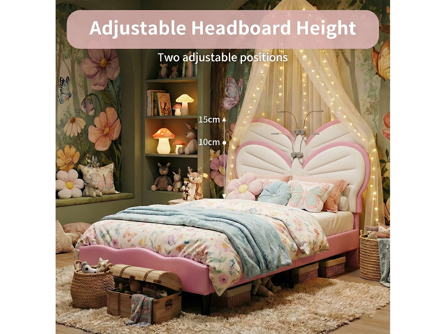DreamMespace Lit Enfant 90x200 cm - Cadre de Lit Papillon Rembourré, Tête de Lit Réglable avec 2 Lampes de Lecture LED, Velours & PU Blanc et Rose