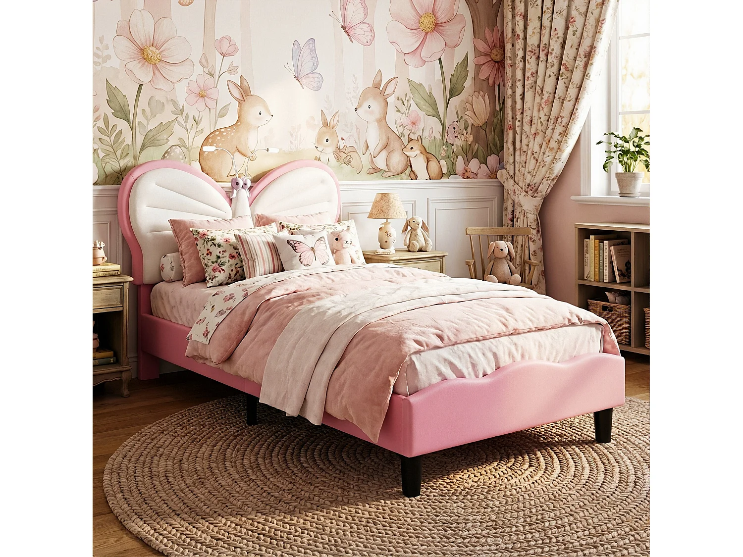 DreamMespace Lit Enfant 90x200 cm - Cadre de Lit Papillon Rembourré, Tête de Lit Réglable avec 2 Lampes de Lecture LED, Velours & PU Blanc et Rose