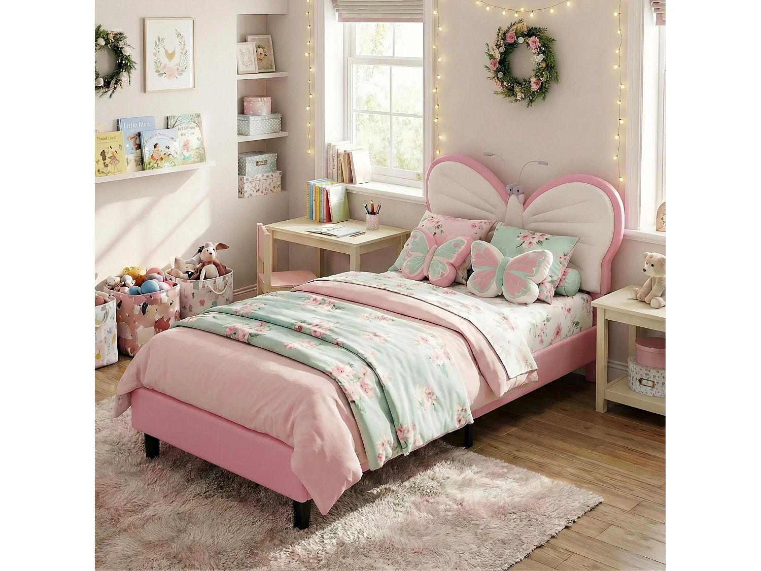 DreamMespace Lit Enfant 90x200 cm - Cadre de Lit Papillon Rembourré, Tête de Lit Réglable avec 2 Lampes de Lecture LED, Velours & PU Blanc et Rose