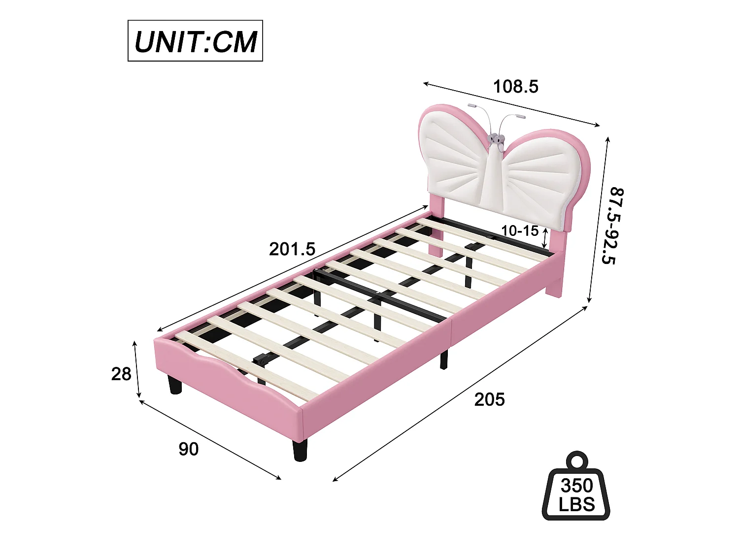 DreamMespace Lit Enfant 90x200 cm - Cadre de Lit Papillon Rembourré, Tête de Lit Réglable avec 2 Lampes de Lecture LED, Velours & PU Blanc et Rose