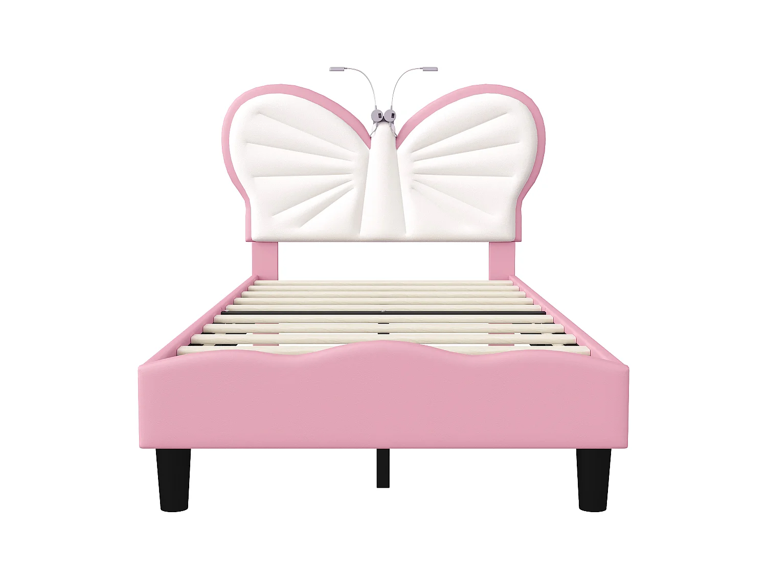 DreamMespace Lit Enfant 90x200 cm - Cadre de Lit Papillon Rembourré, Tête de Lit Réglable avec 2 Lampes de Lecture LED, Velours & PU Blanc et Rose