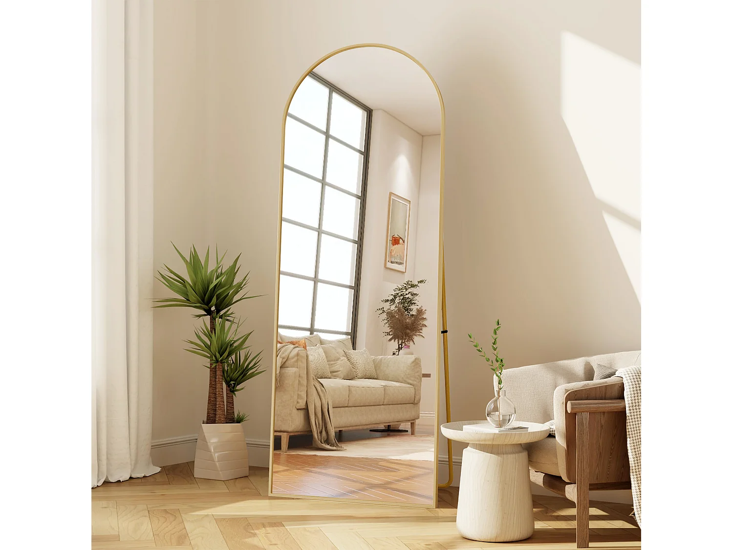 Miroir Pleine Longueur Arqué Autoportant Et Mural, Cadre Doré Avec Support En U, 164x54cm, Alliage D’aluminium Et Verre Trempé